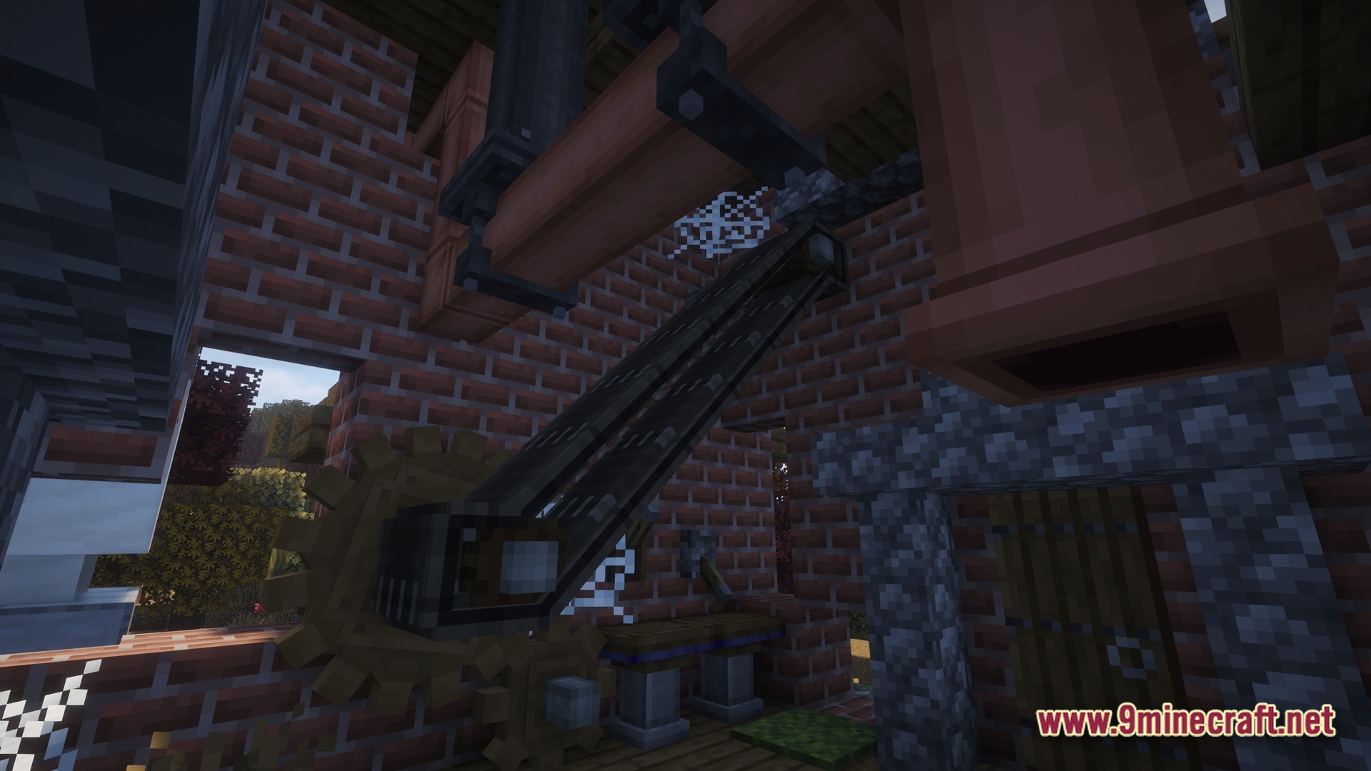 Mechanical belts, cogs, and copper pipes installed within a brick and cobblestone workshop structure