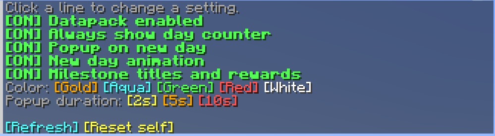 Better Days Display Data Pack Screenshot 1 Minecraft chat interface showing various configuration options for the day counter