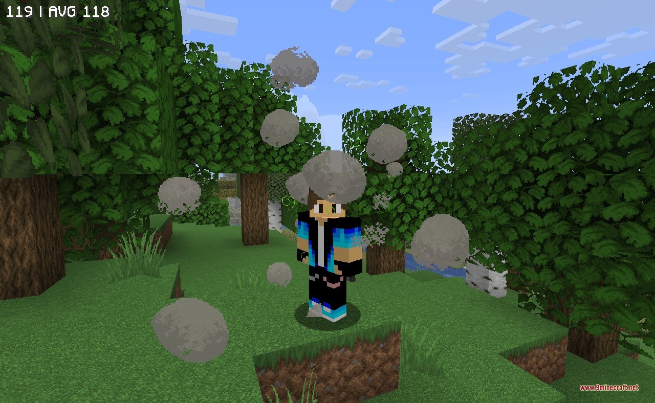 Better Days Display Data Pack Screenshot 3 A Minecraft player character surrounded by grey smoke particles in a forest