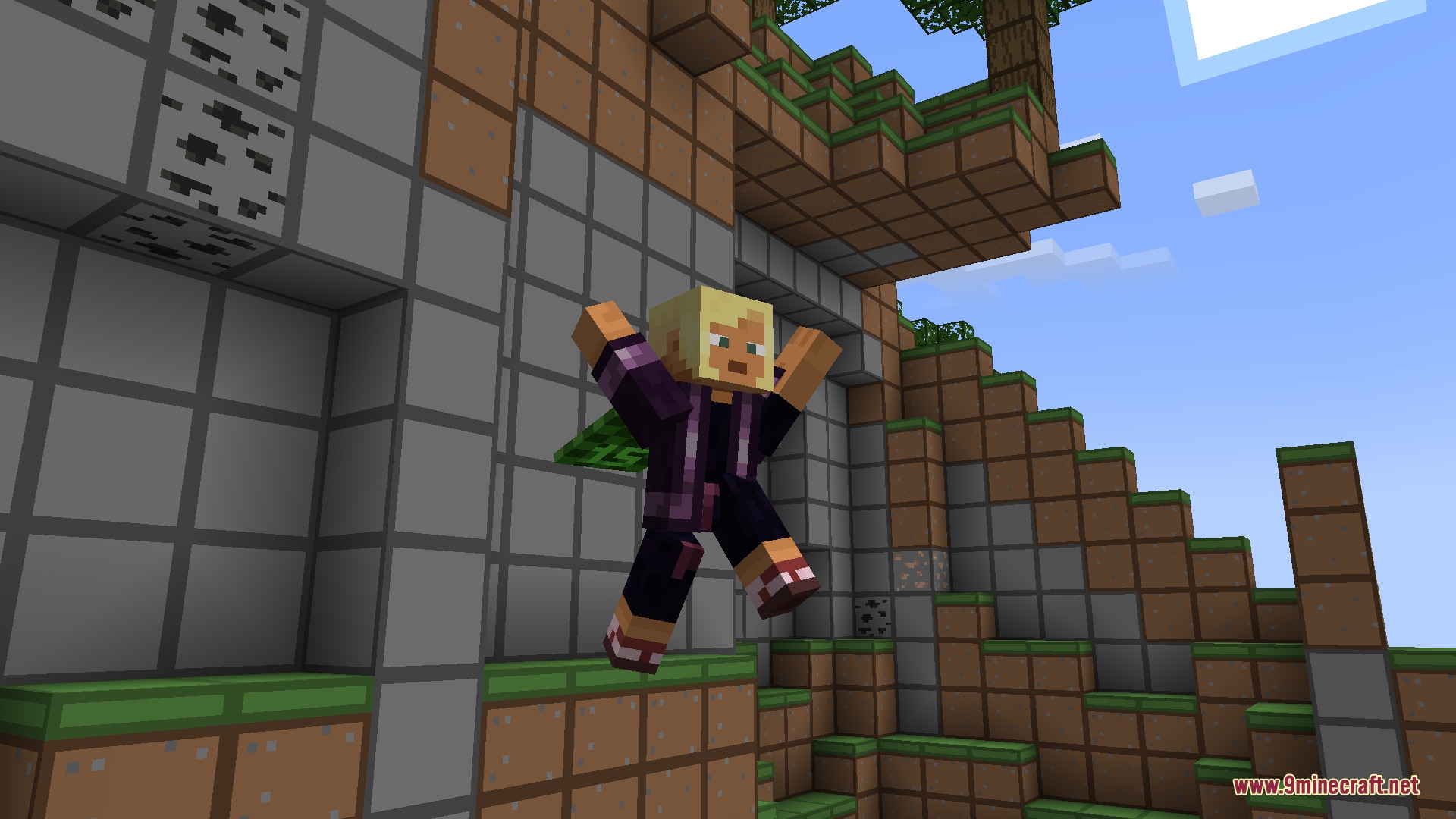 Better Expressions Resource Pack Screenshot 6 Minecraft character jumping in midair with expressive animations near a cliff