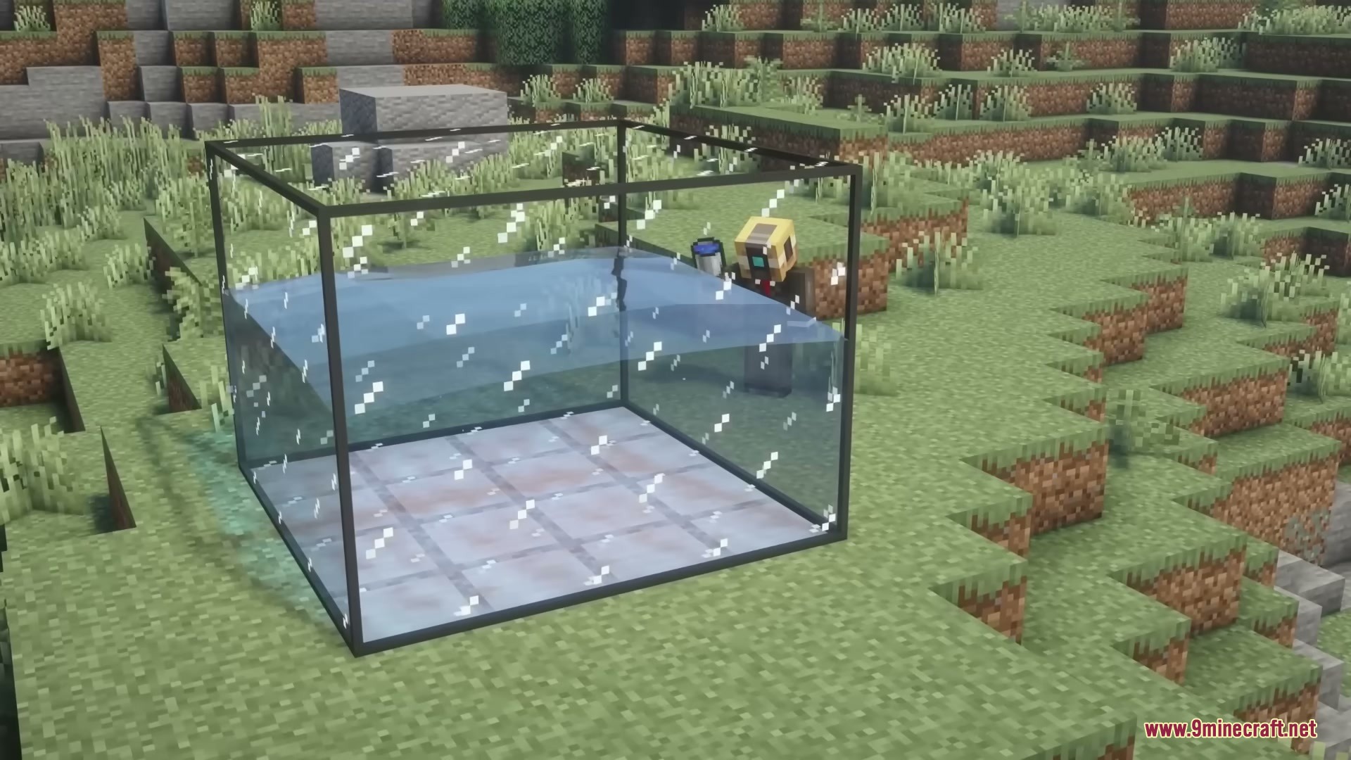 Better Fishtanks Mod Screenshot 1 A player stands next to a large Better Fishtanks Mod aquarium