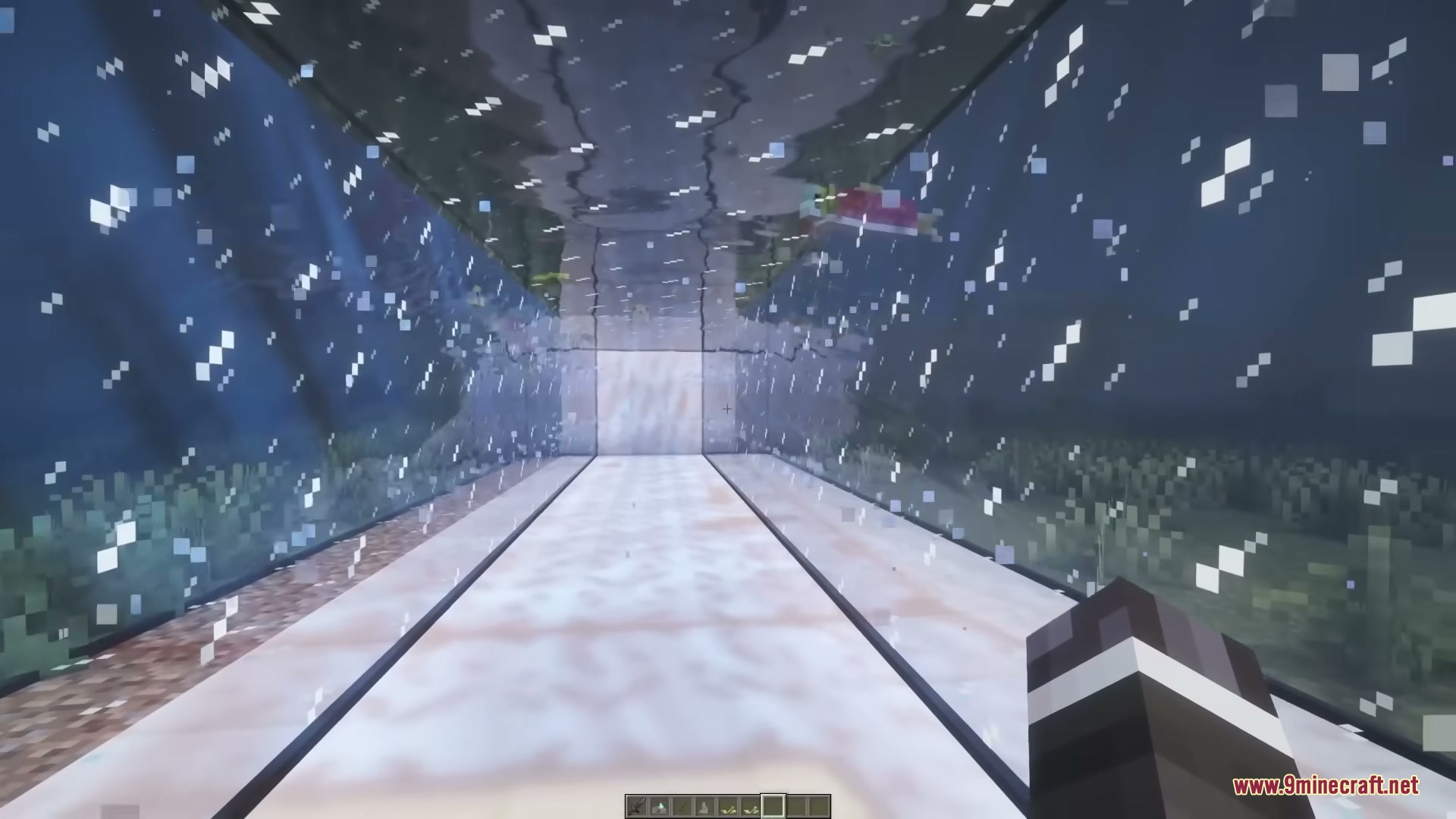 Better Fishtanks Mod Screenshot 2 First person view inside a long glass tunnel submerged under deep water