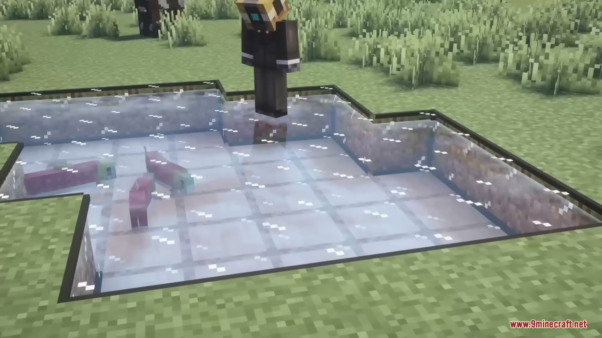 Better Fishtanks Mod Screenshot 3 A Minecraft player stands on top of a custom glass fish tank