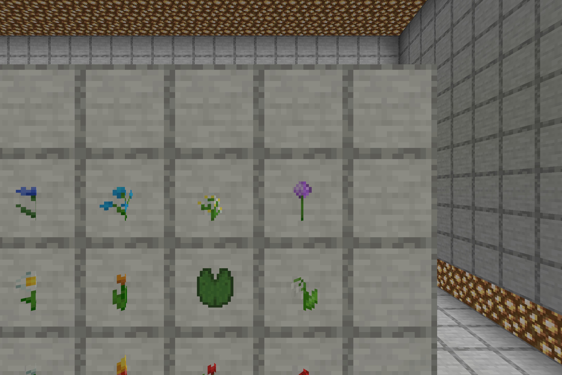 Detailed view of 3D flower models and a lily pad in item frames