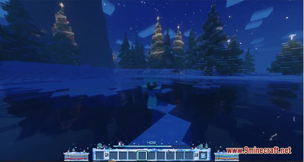 Better Hud by Toxicity188 Mod Screenshot 1 Custom blue interface displayed over a snowy night landscape with glowing Christmas trees