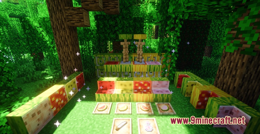 Better Melon Mod Screenshot 1 Better Melon Mod features colorful fruit variants and decorative blocks in the jungle