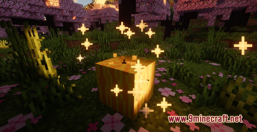 Better Melon Mod Screenshot 2 A glowing yellow melon block emitting sparkles in a cherry blossom forest