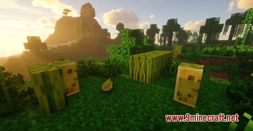 Better Melon Mod Screenshot 5 A scenic Minecraft landscape featuring various melon blocks from the Better Melon Mod
