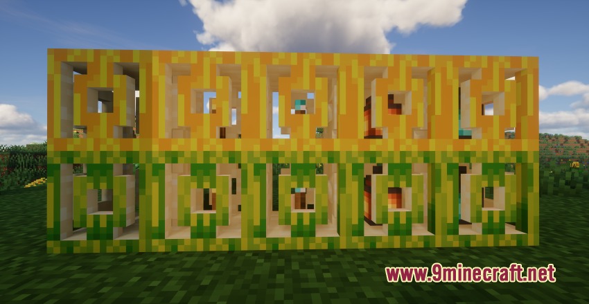 Better Melon Mod Screenshot 6 Decorative carved melon blocks in yellow and green variants displayed in a row