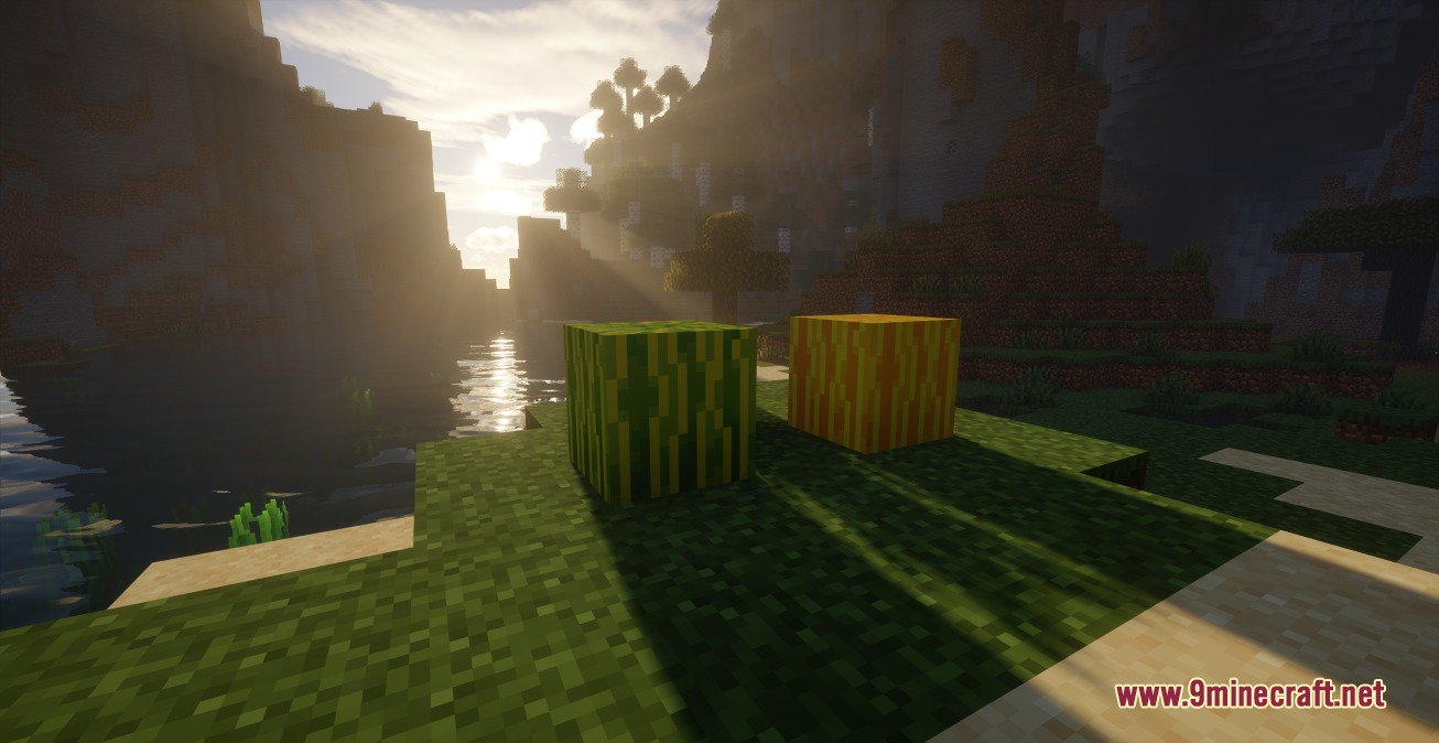 Better Melon Mod Screenshot 7 Green and yellow melon blocks from the Better Melon Mod at sunset