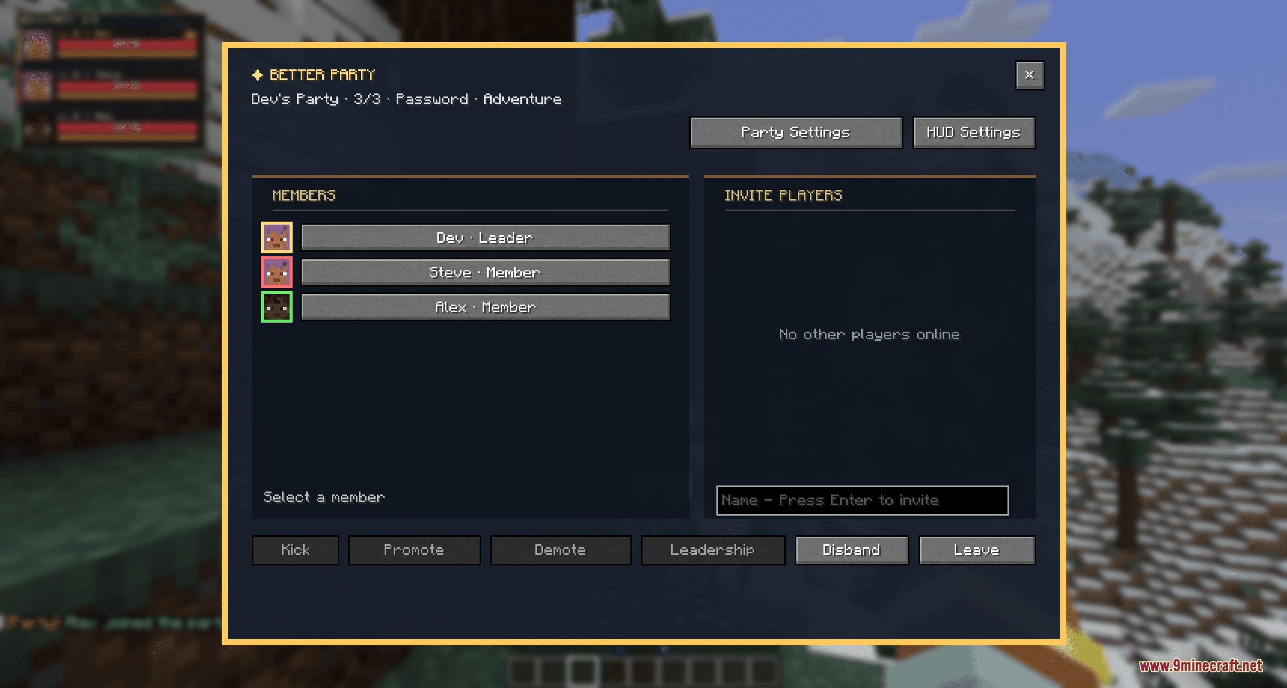 Better Party Mod Screenshot 1 The Better Party menu showing member lists and player management options