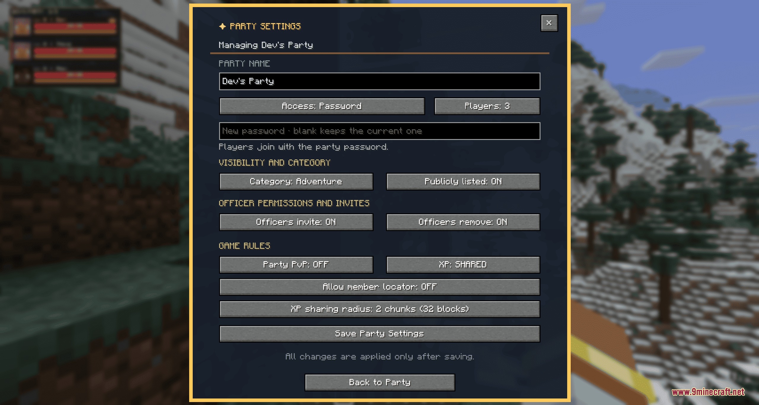 Better Party Mod Screenshot 2 Configuring party rules and experience sharing options in the settings menu