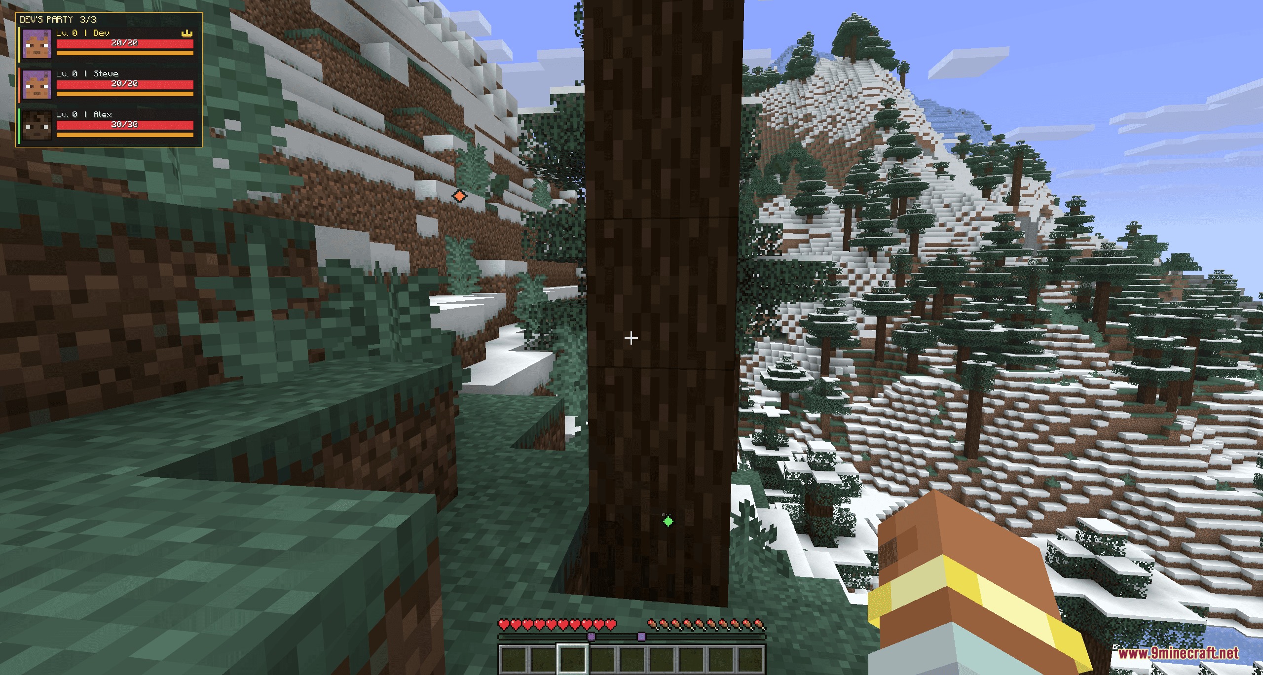 Better Party Mod Screenshot 5 A player explores a snowy mountain with a party status overlay visible
