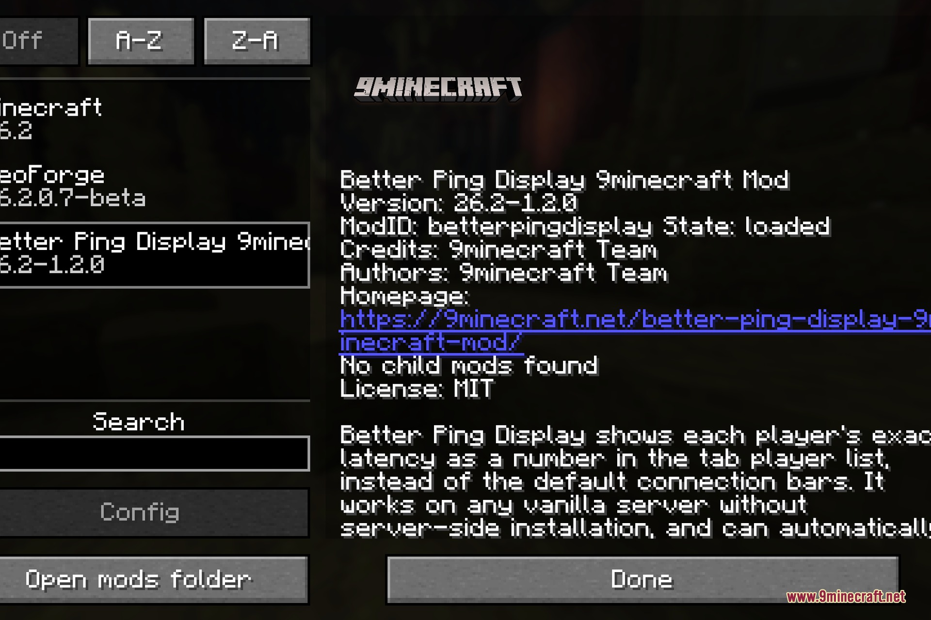Better Ping Display 9minecraft Mod Screenshot 1 Minecraft mod menu interface showing details and description for Better Ping Display
