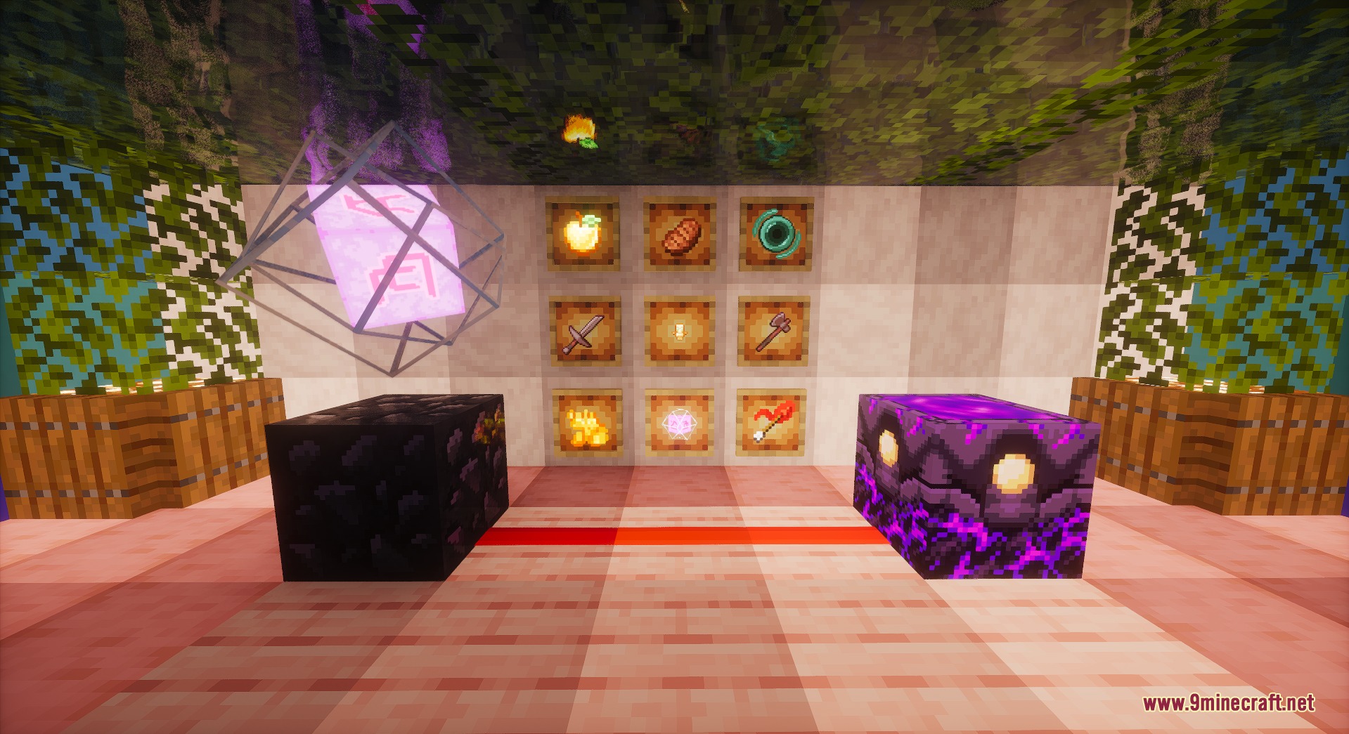Better PvP Visual Resource Pack Screenshot 1 A room showcasing unique end crystals and various items in item frames