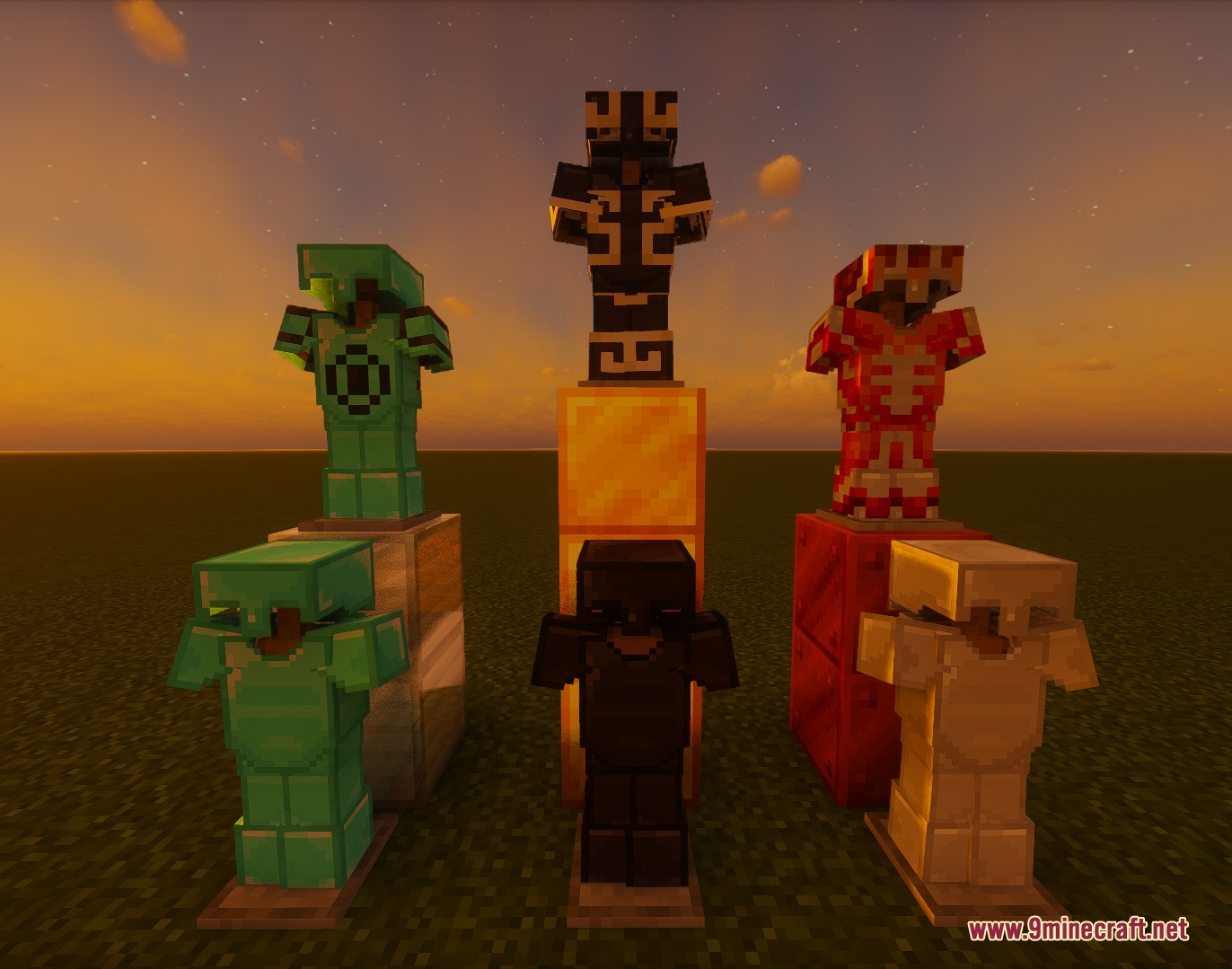 Better PvP Visual Resource Pack Screenshot 4 Different armor sets displayed on stands over matching blocks during a sunset