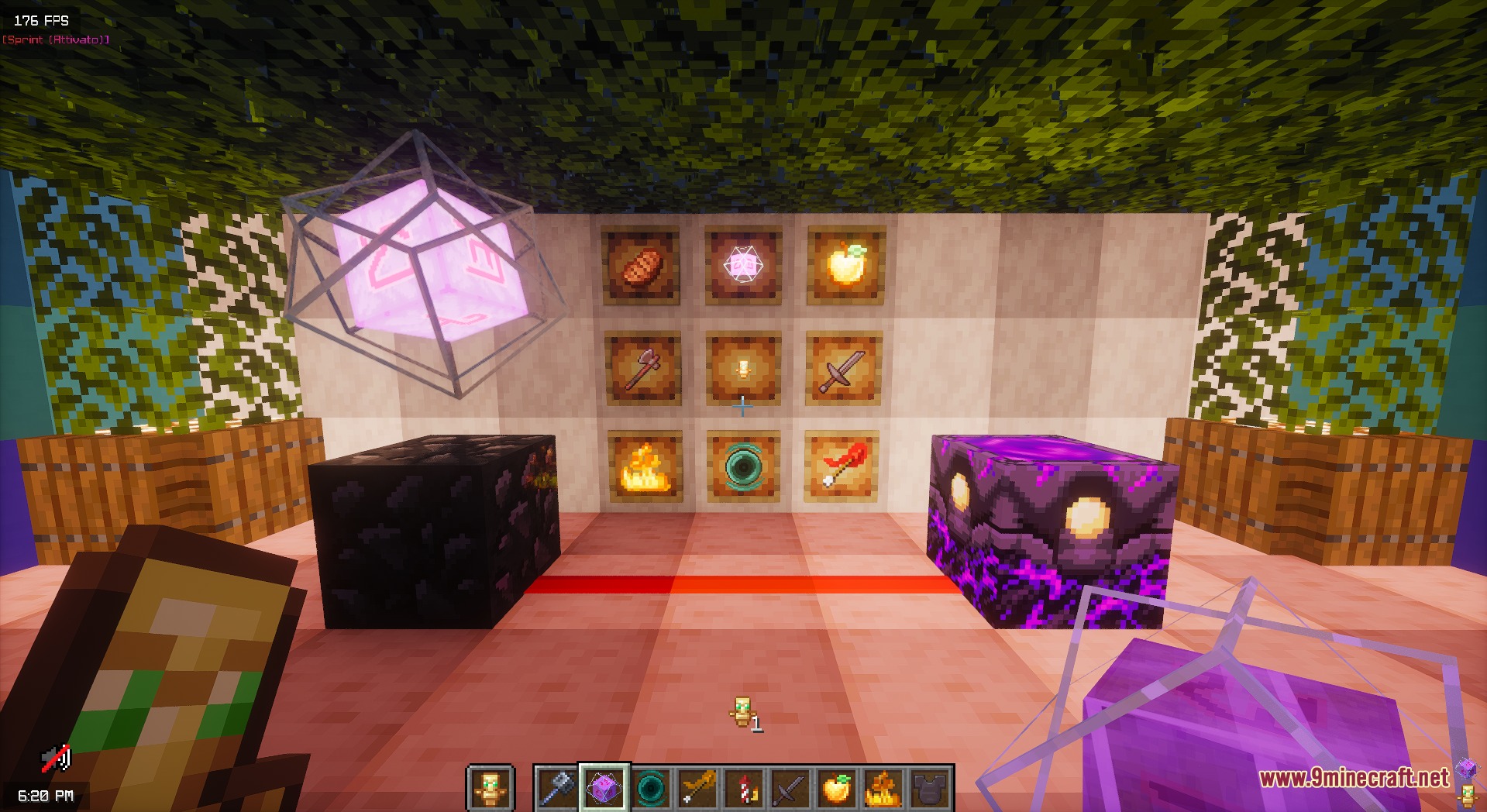 Better PvP Visual Resource Pack Screenshot 5 Display of items in frames featuring a 3D end crystal model with shaders
