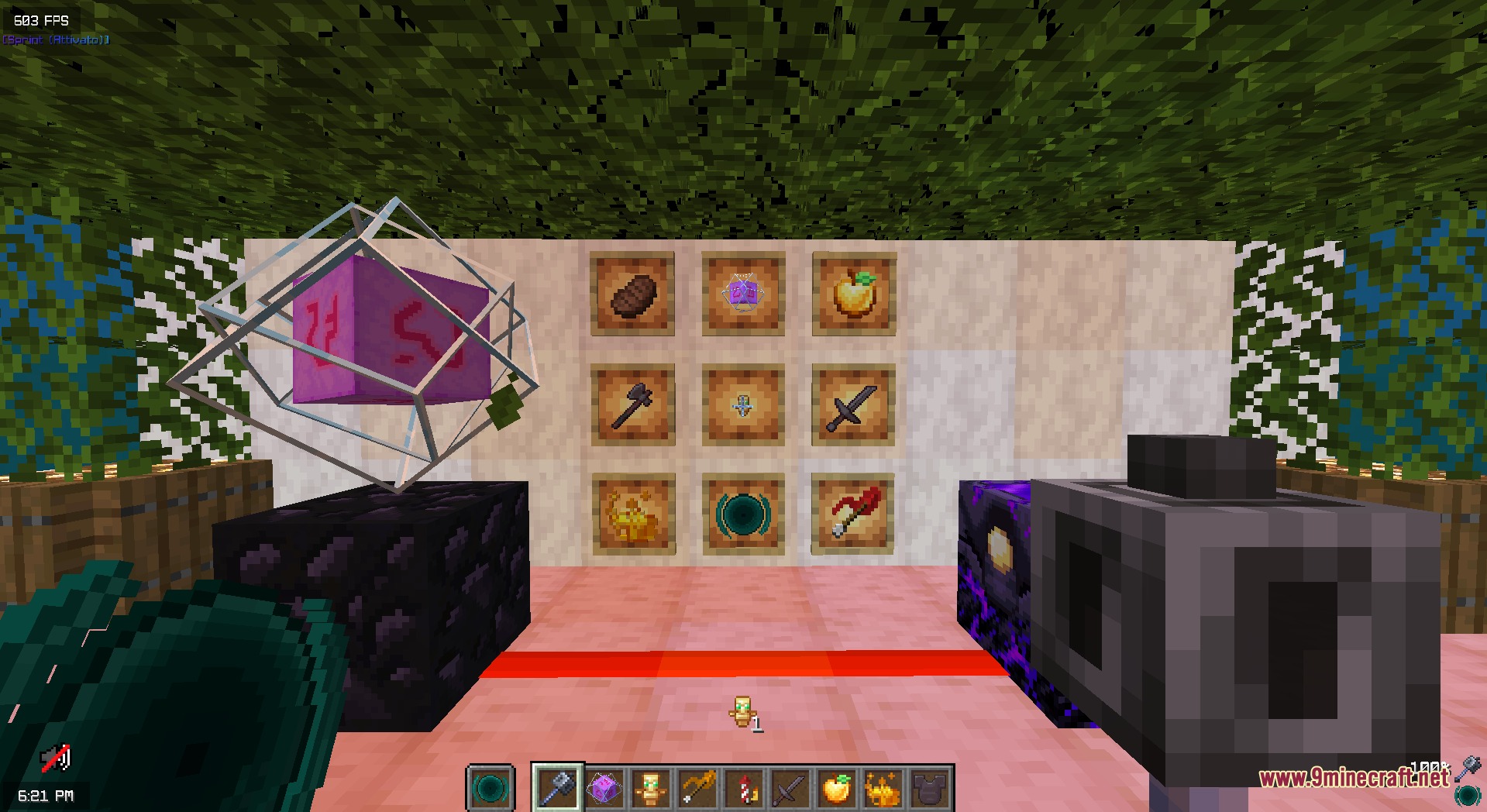 Better PvP Visual Resource Pack Screenshot 6 Player holding a 3D mace model and ender pearl in a display room