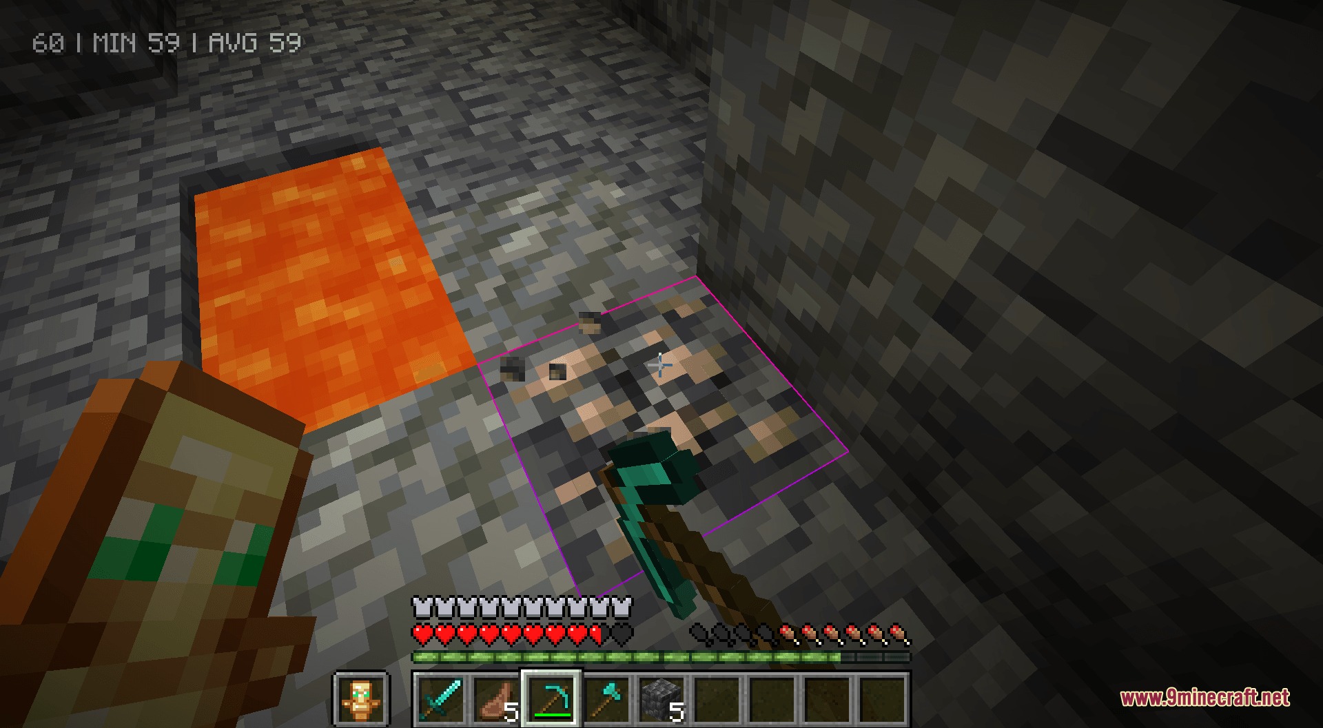 Better Rainbow Outlines Resource Pack Screenshot 5 Player mining iron ore with a diamond pickaxe showing a purple block outline