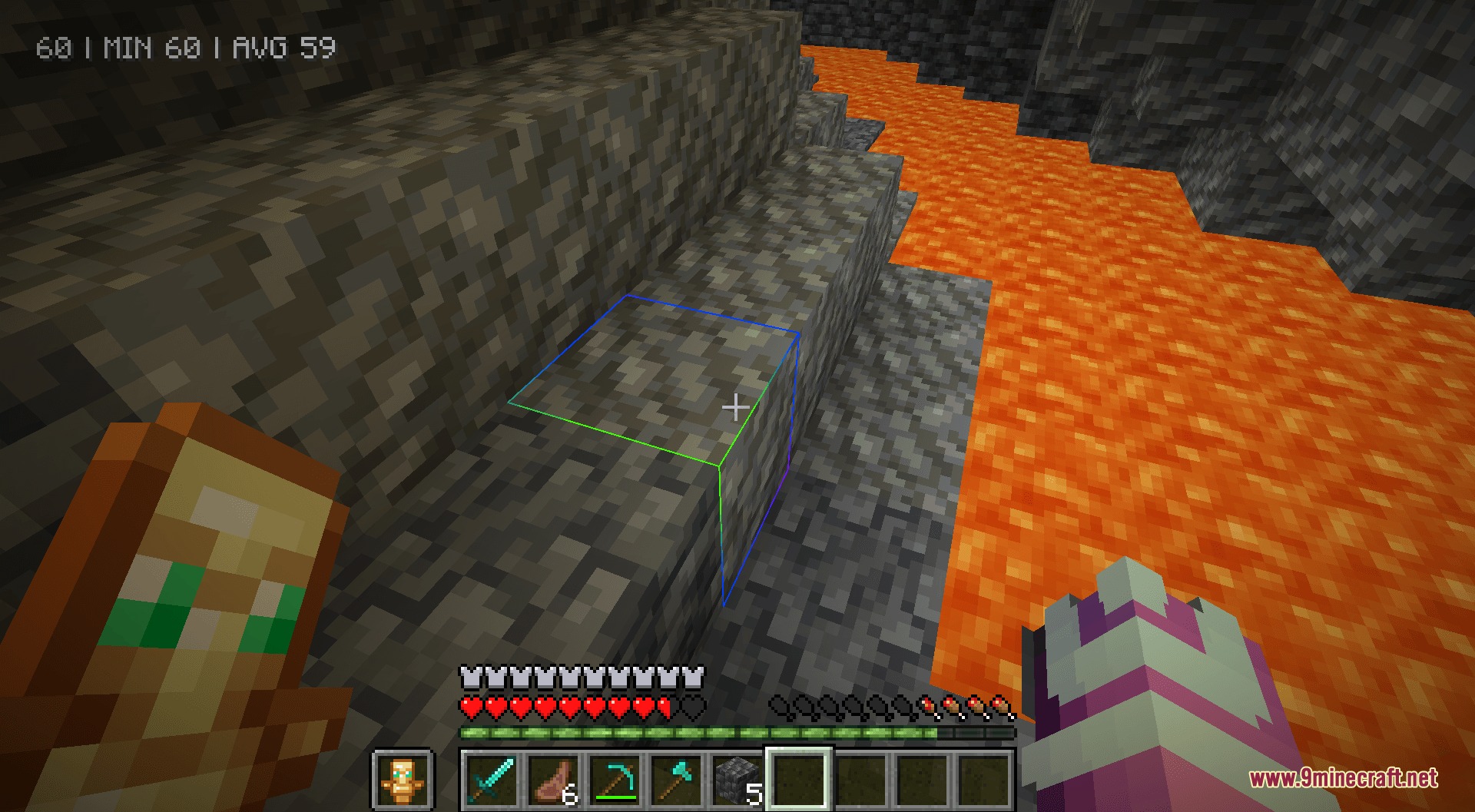Better Rainbow Outlines Resource Pack Screenshot 7 Player looking at a block with a green and blue rainbow outline