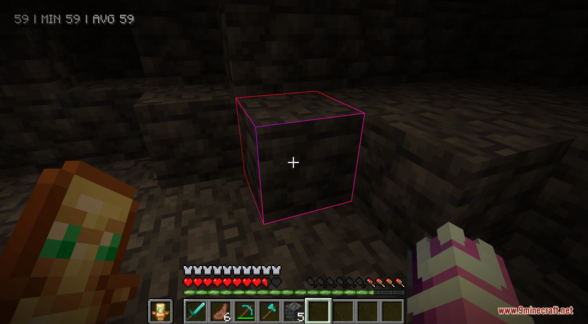 Better Rainbow Outlines Resource Pack Screenshot 8 Player looking at a block with a red and pink rainbow outline