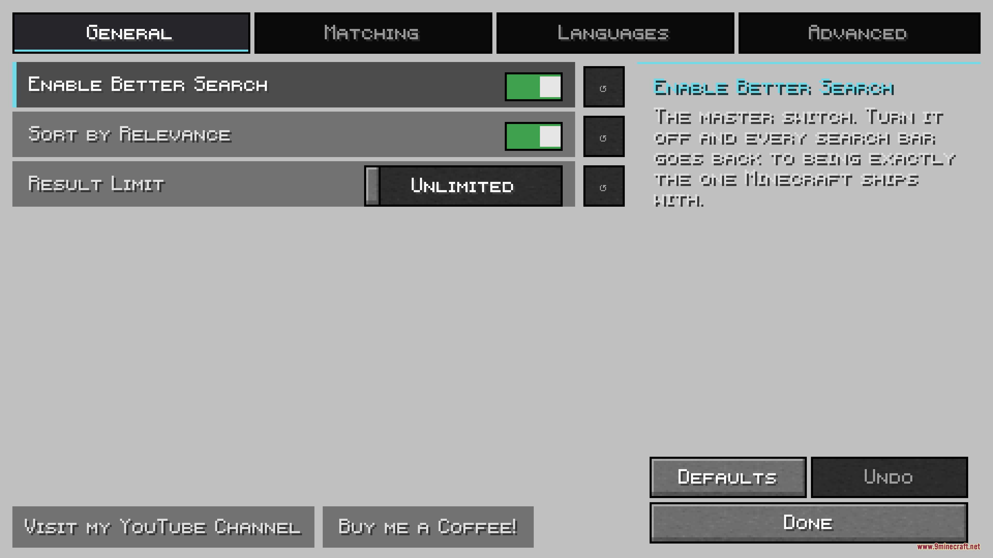 Better Search Mod Screenshot 2 In game settings menu for configuring various search preferences and result limits
