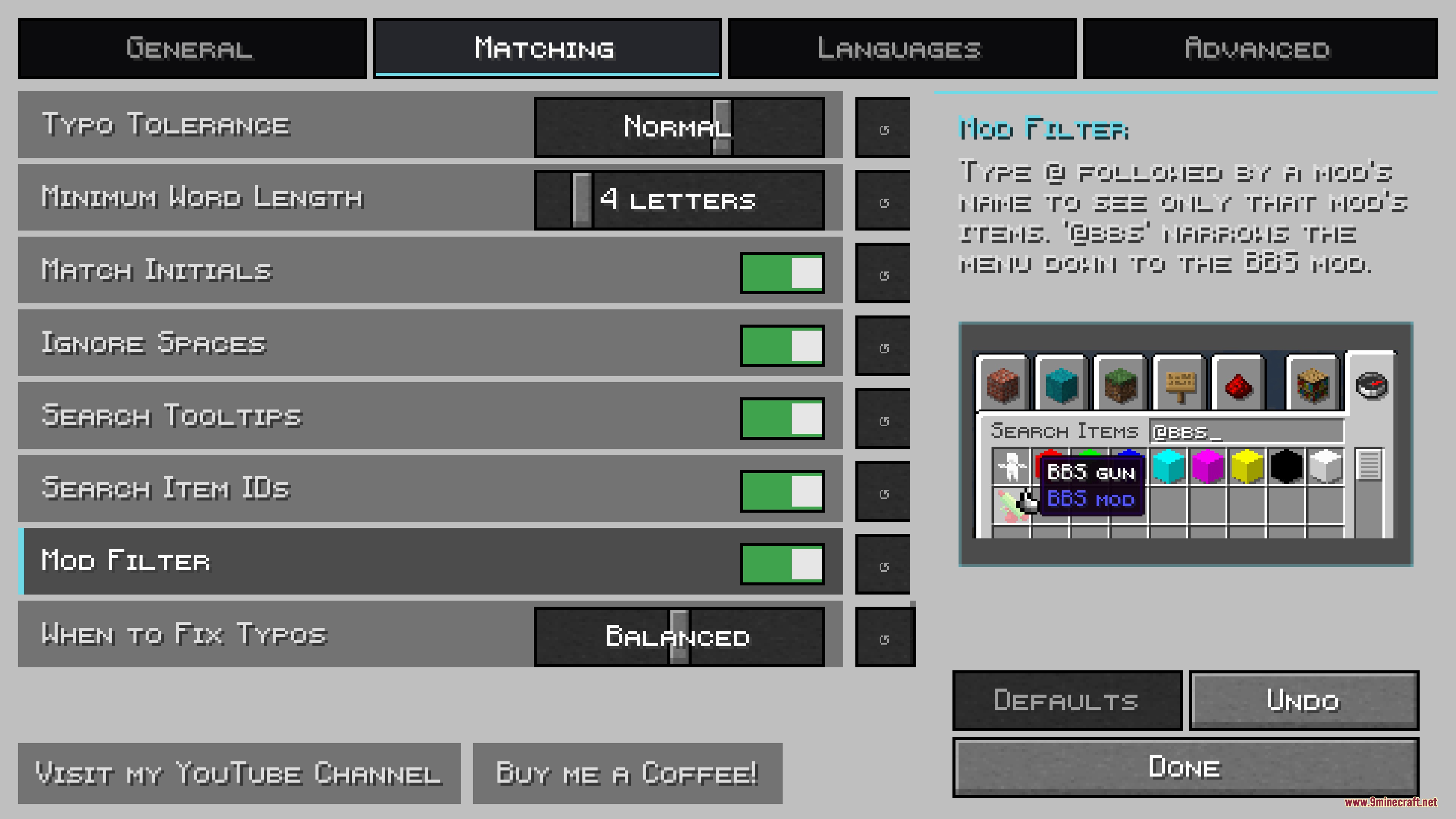 Better Search Mod Screenshot 3 Settings menu for the Better Search Mod showing various item matching options