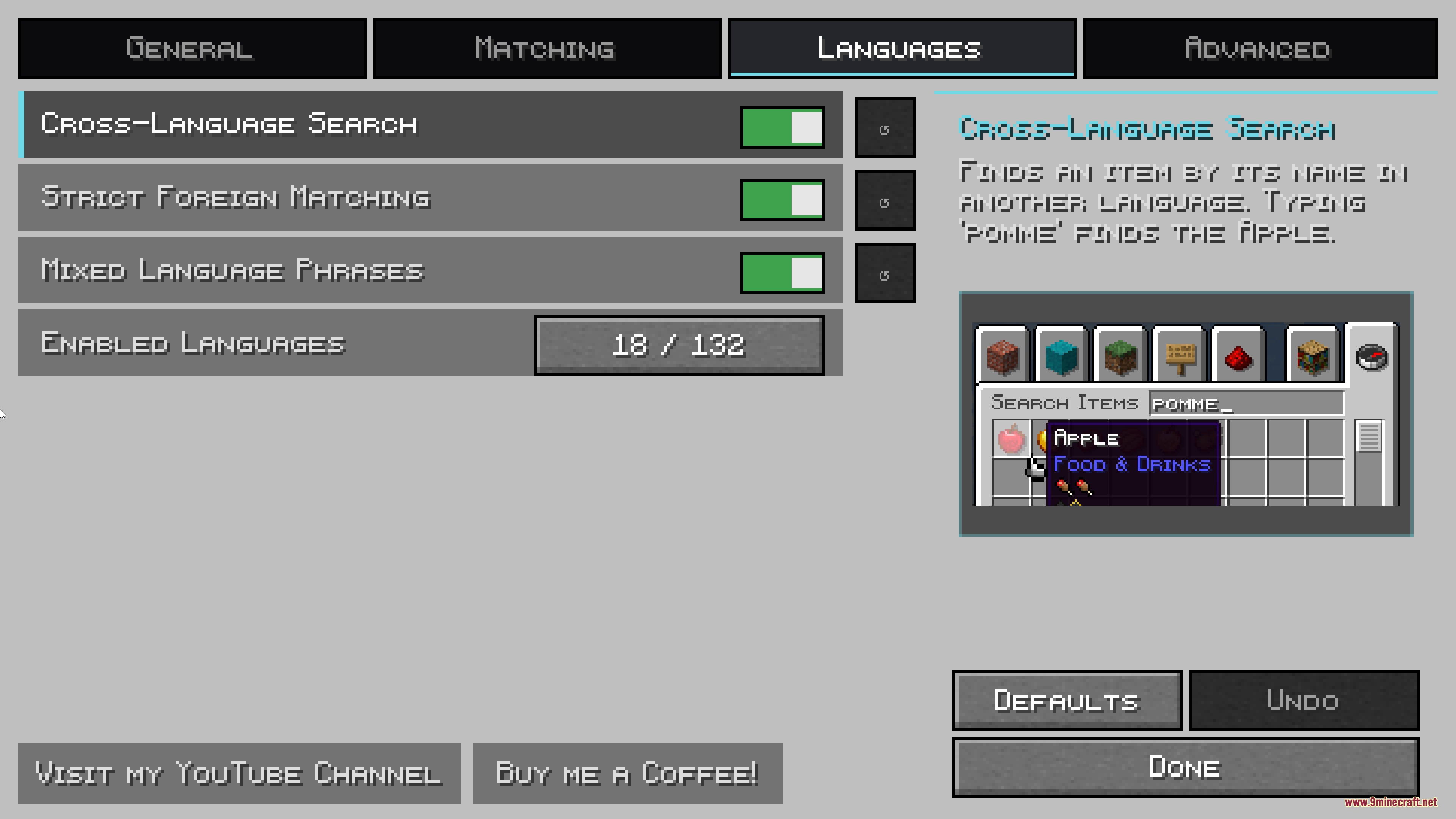 Better Search Mod Screenshot 4 A settings screen for cross language search options in the Minecraft menu