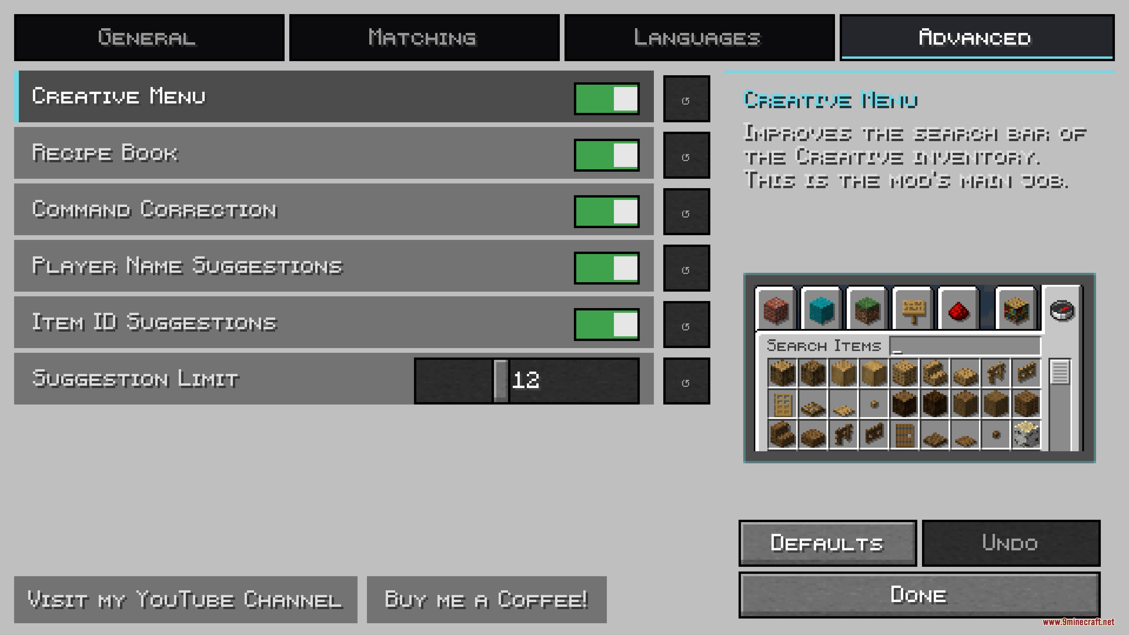 Better Search Mod Screenshot 5 Settings menu for improving search bars and creative inventory menu in Minecraft