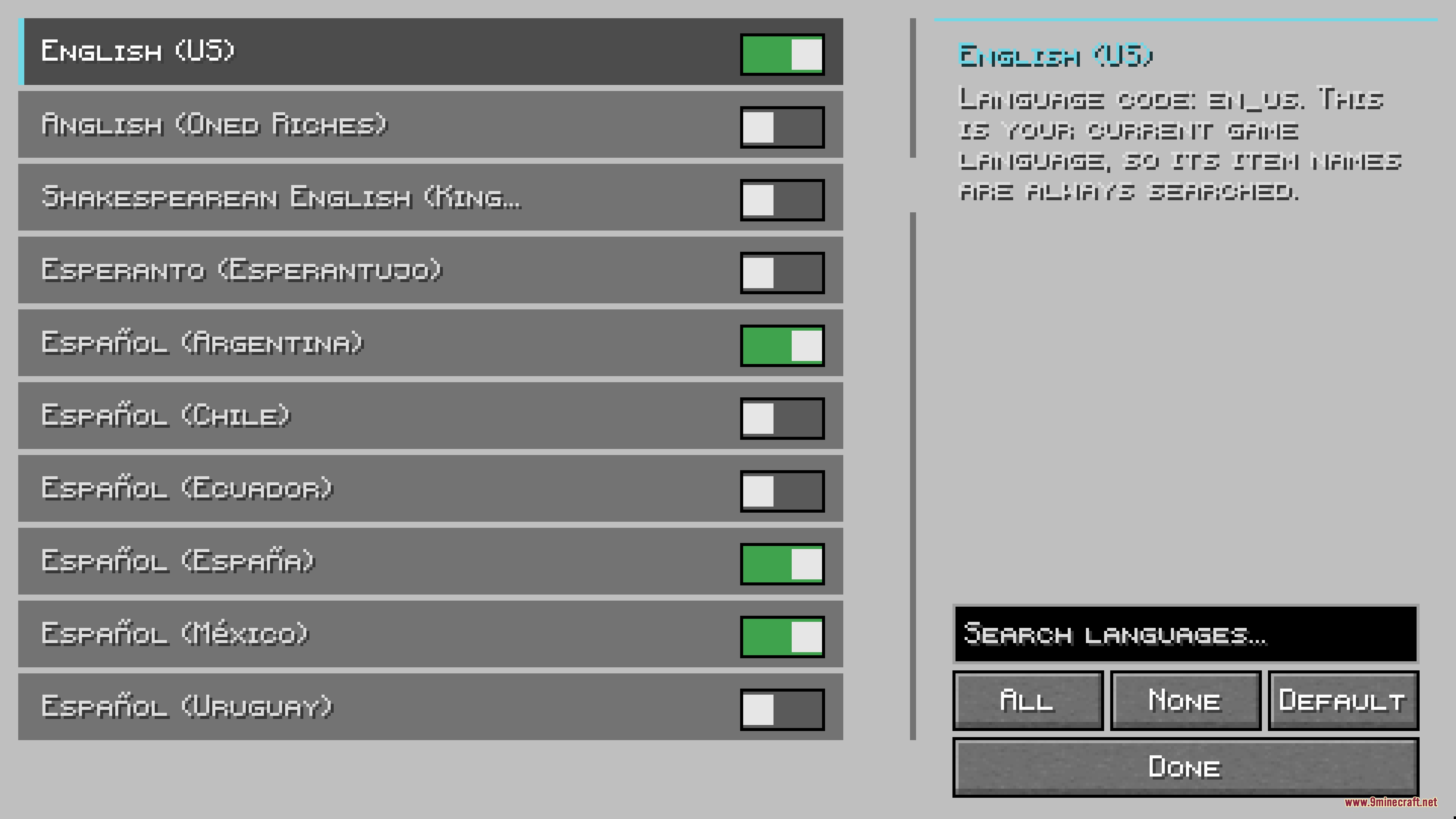 Better Search Mod Screenshot 6 Language selection screen showing various supported languages for the improved search feature