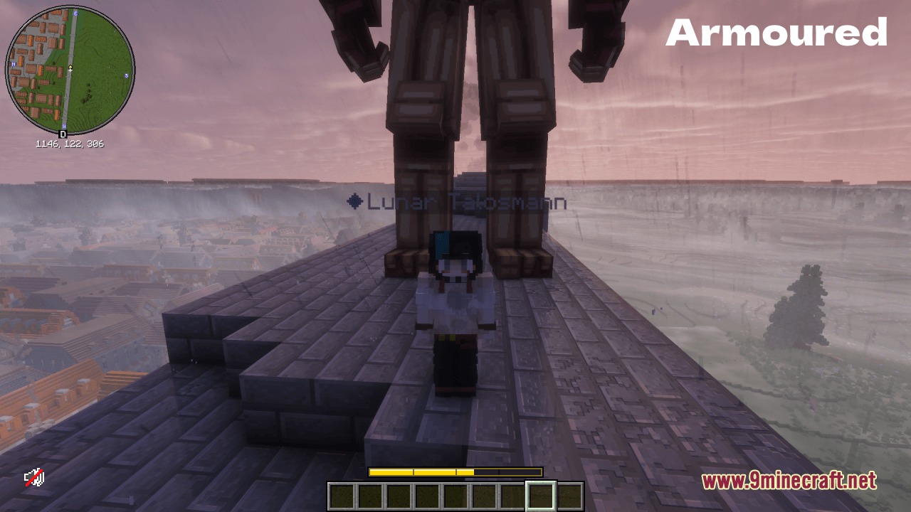 Better Shifter Marks DAOT Resource Pack Screenshot 1 A Minecraft player stands on a stone platform before a giant Armoured Titan
