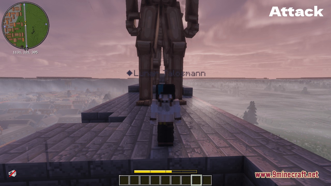 Better Shifter Marks DAOT Resource Pack Screenshot 2 A Minecraft player stands on a stone platform before a giant Attack Titan