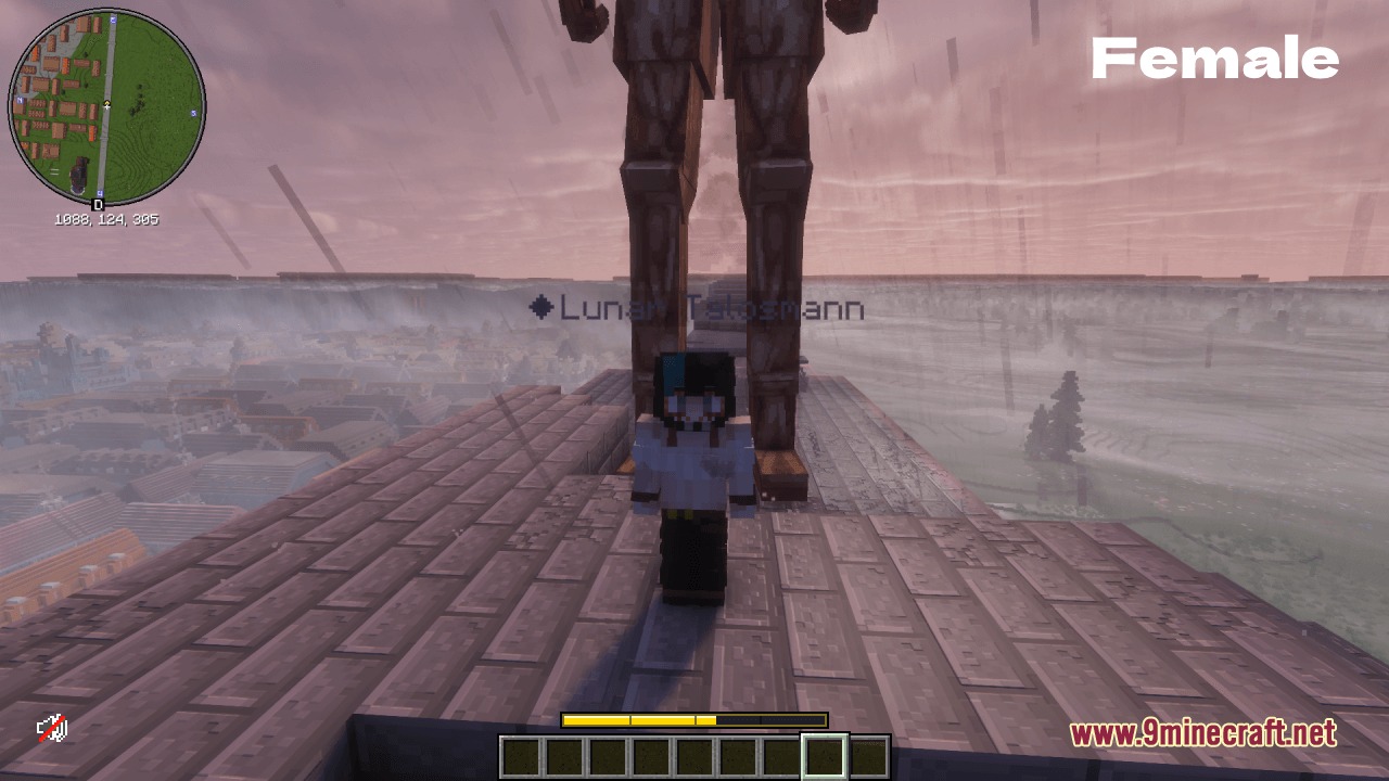 Better Shifter Marks DAOT Resource Pack Screenshot 5 Minecraft player standing on a rooftop in front of a giant Female Titan
