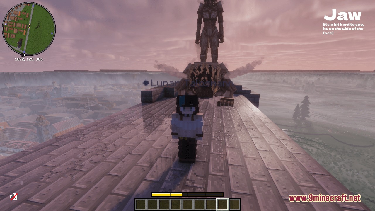 Better Shifter Marks DAOT Resource Pack Screenshot 6 Minecraft player standing on a rooftop in front of a giant Jaw Titan