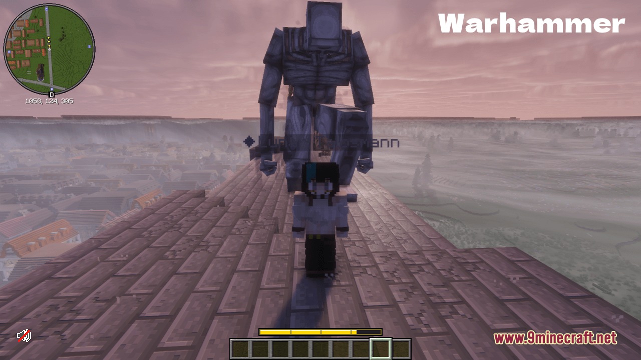 Better Shifter Marks DAOT Resource Pack Screenshot 7 A Minecraft player stands on a stone roof before a giant Warhammer Titan