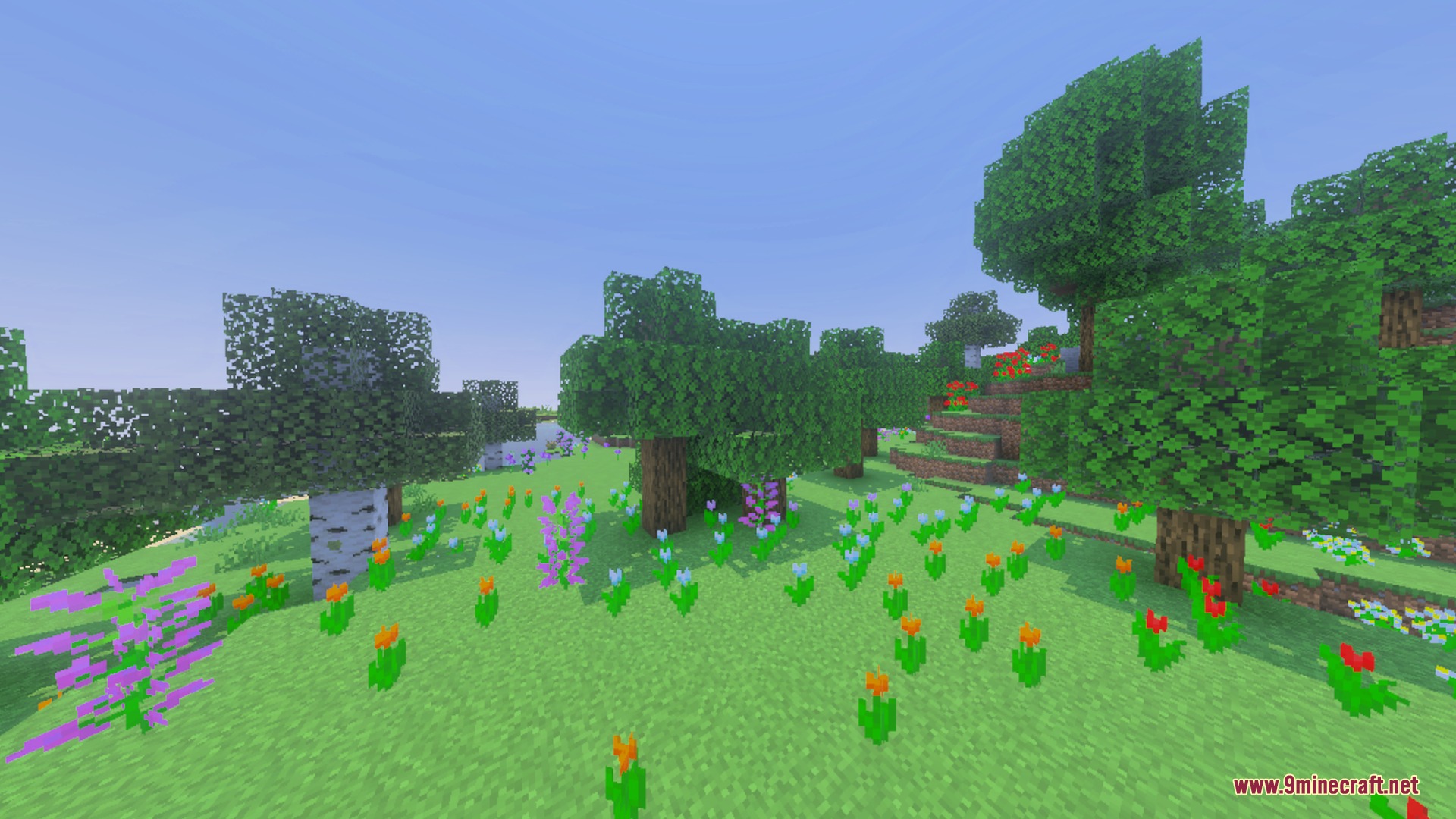 Better Waving Leaves Shader Screenshot 9 Lush green trees and colorful flowers swaying in a sunny Minecraft meadow
