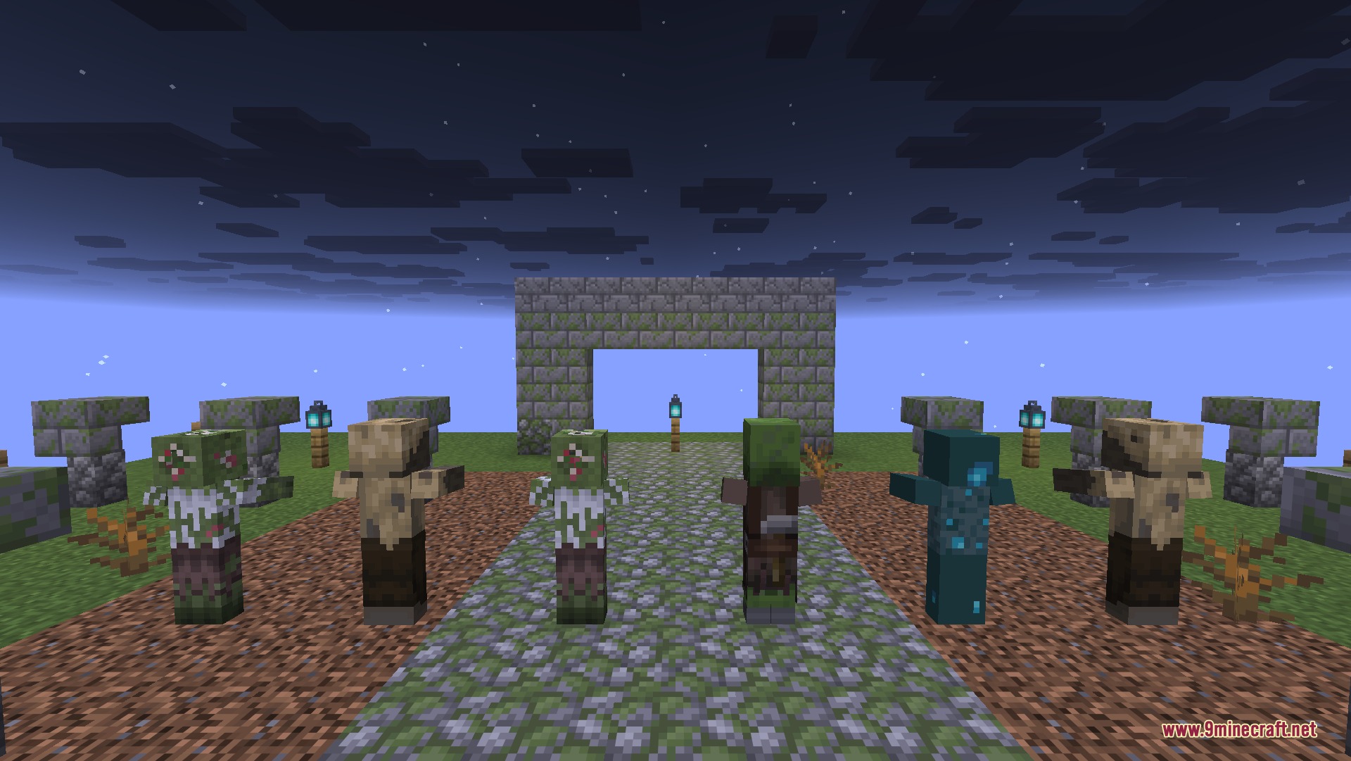 Better Zombies 9minecraft Resource Pack Screenshot 1 Various zombie variants standing in front of a stone archway at night