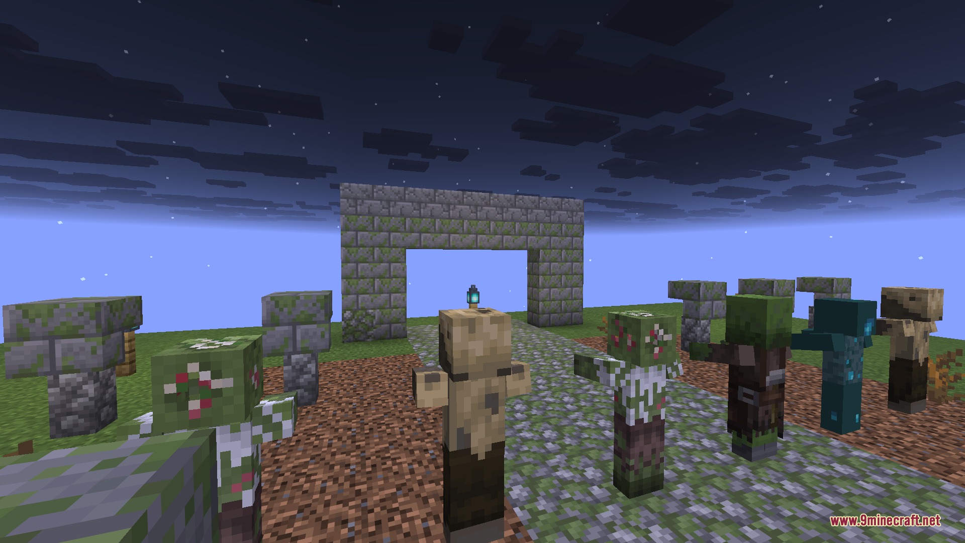 Better Zombies 9minecraft Resource Pack Screenshot 2 Detailed zombies gathered on a path near a stone structure at night