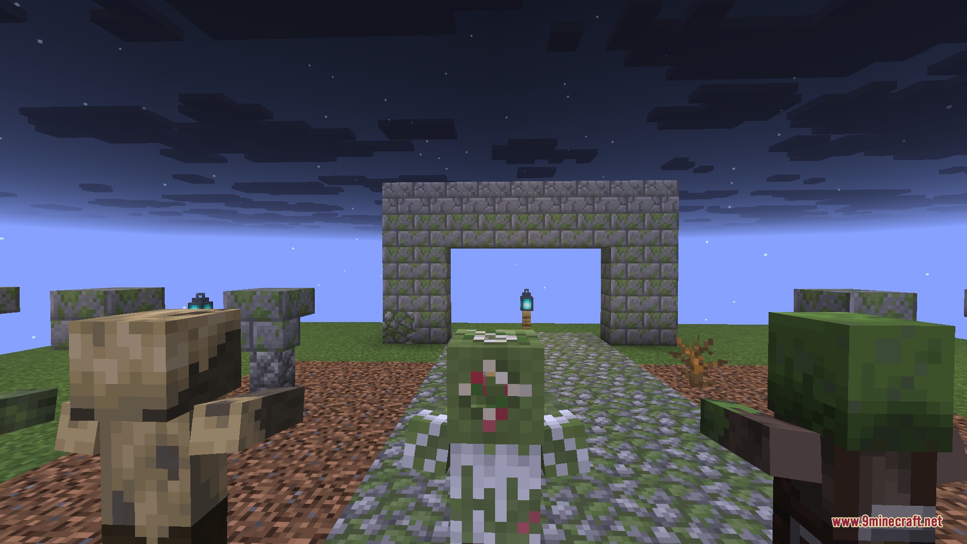 Better Zombies 9minecraft Resource Pack Screenshot 3 Detailed zombie variants with gruesome textures standing near a stone structure at night