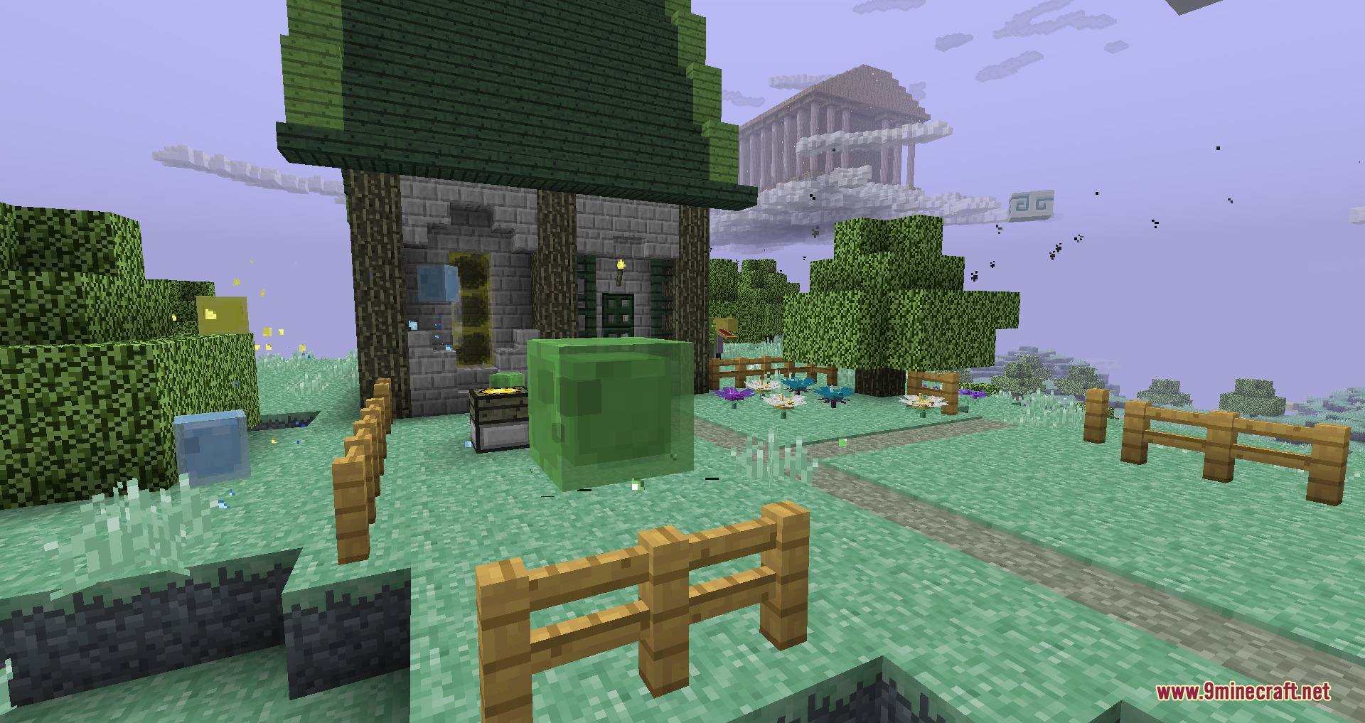 Better with Aether BTA Mod Screenshot 2 A large green Swet slime stands in a fenced yard near a house