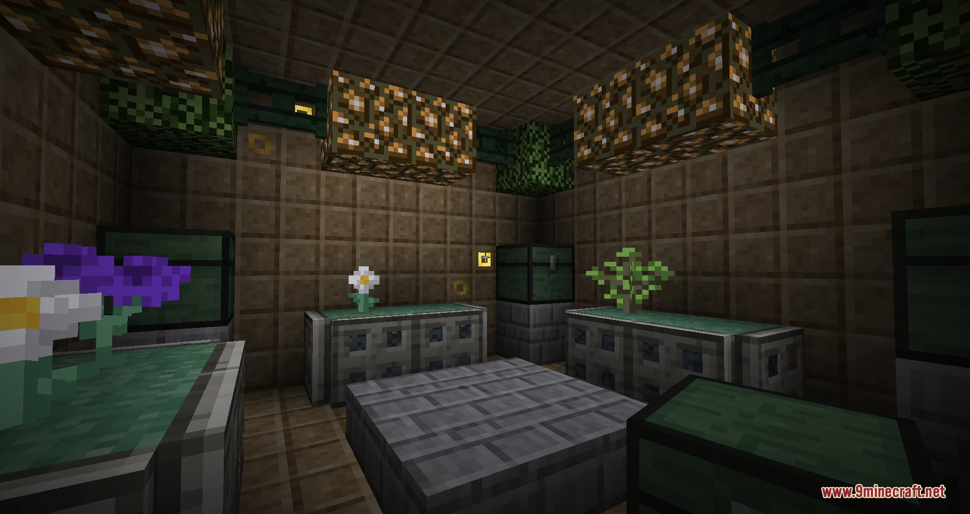 Better with Aether BTA Mod Screenshot 4 Interior of a small room with tiled walls and glowstone ceiling lamps