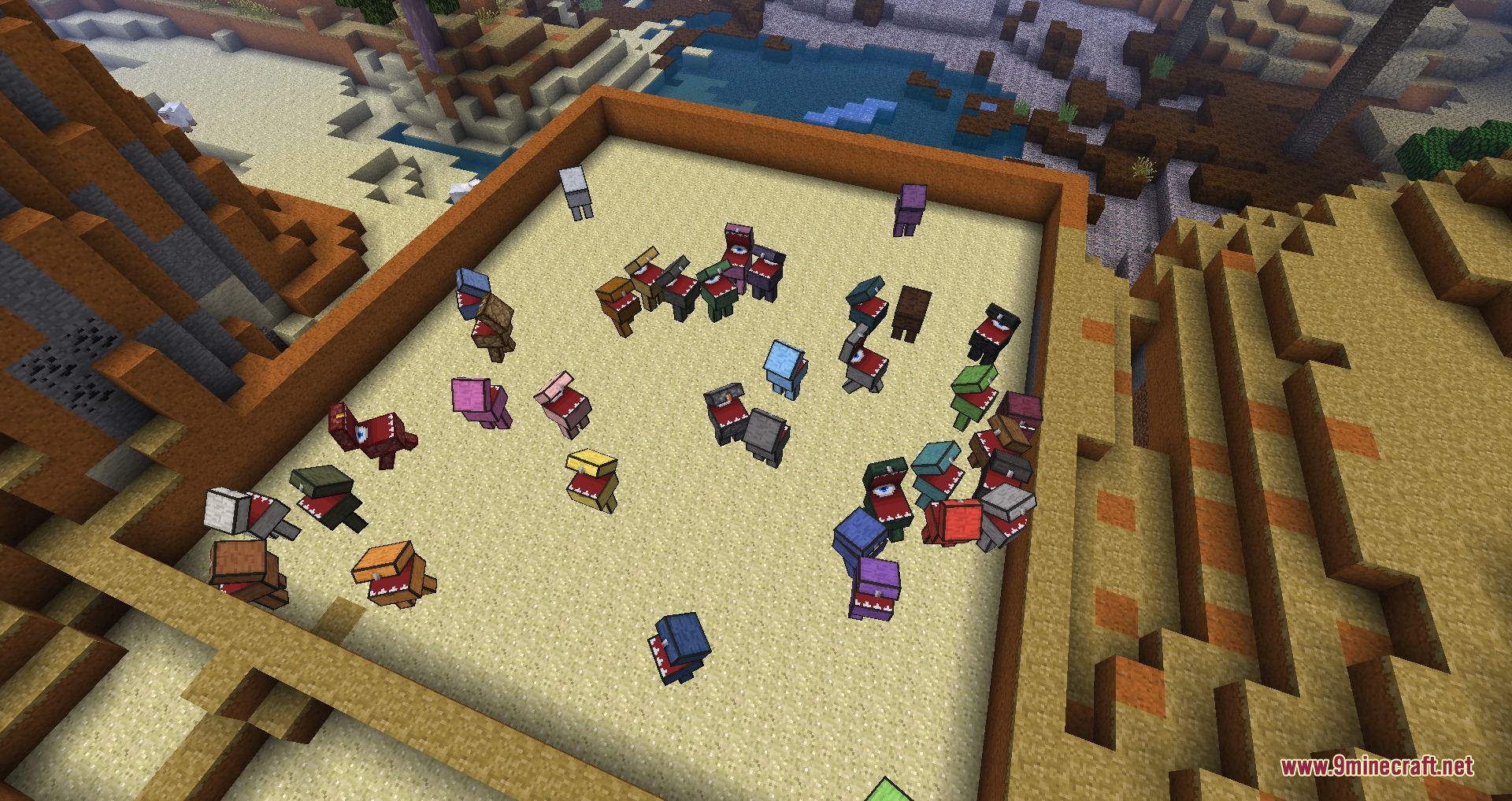 Better with Aether BTA Mod Screenshot 6 A group of colorful mimic mobs with sharp teeth inside a sandy pit
