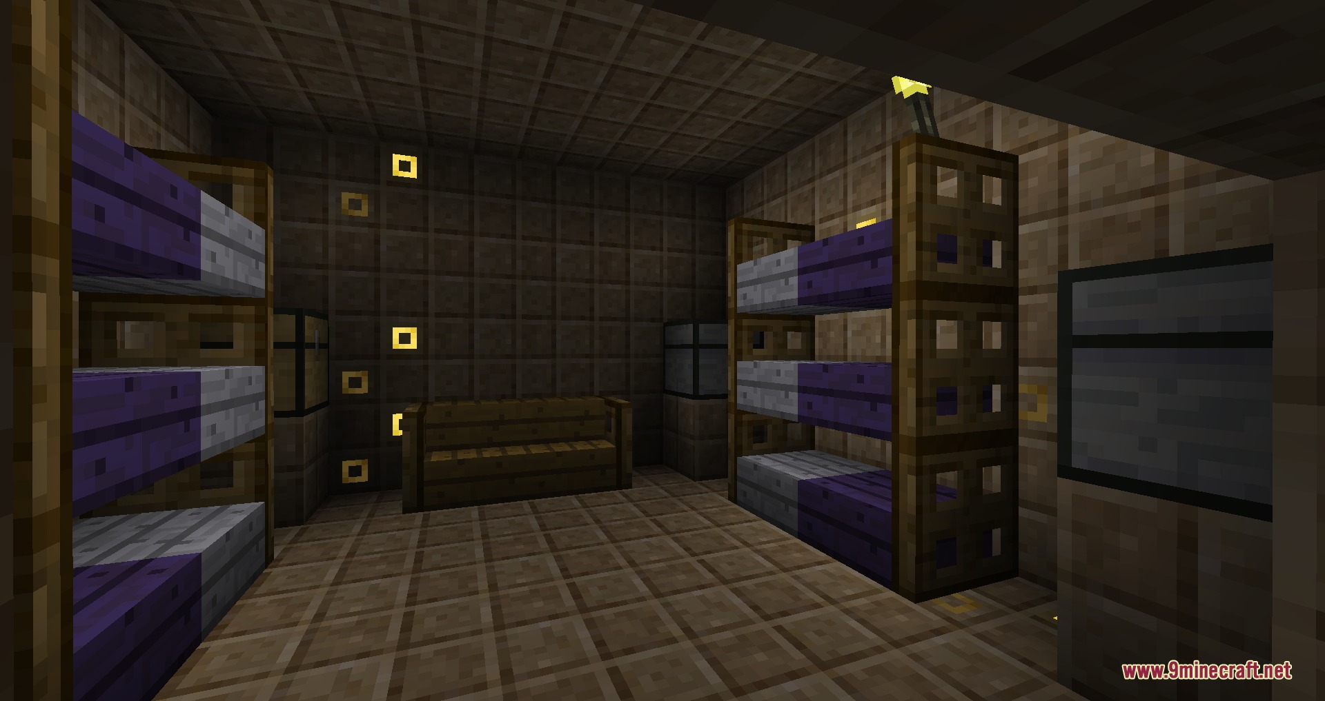 Better with Aether BTA Mod Screenshot 7 A cozy room with purple bunk beds and tiled stone walls