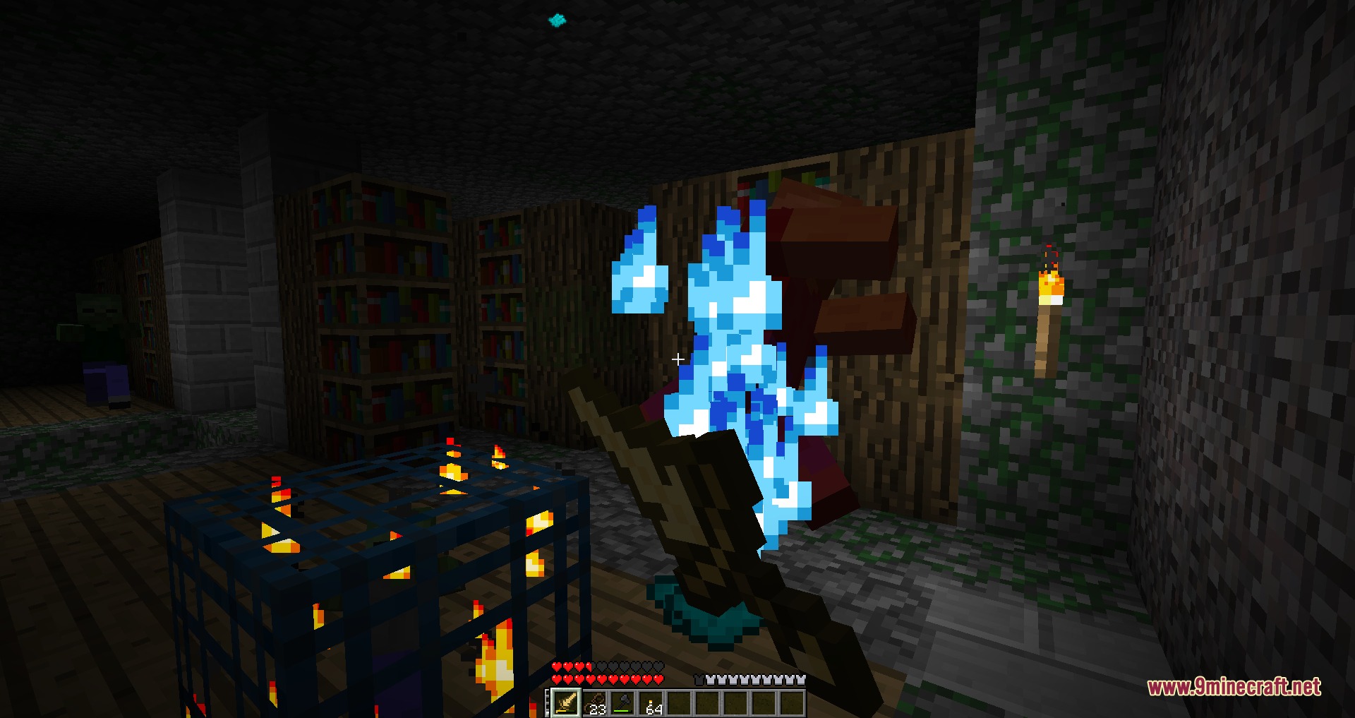 Better with Aether BTA Mod Screenshot 8 Player fighting a Valkyrie engulfed in blue flames inside a dungeon
