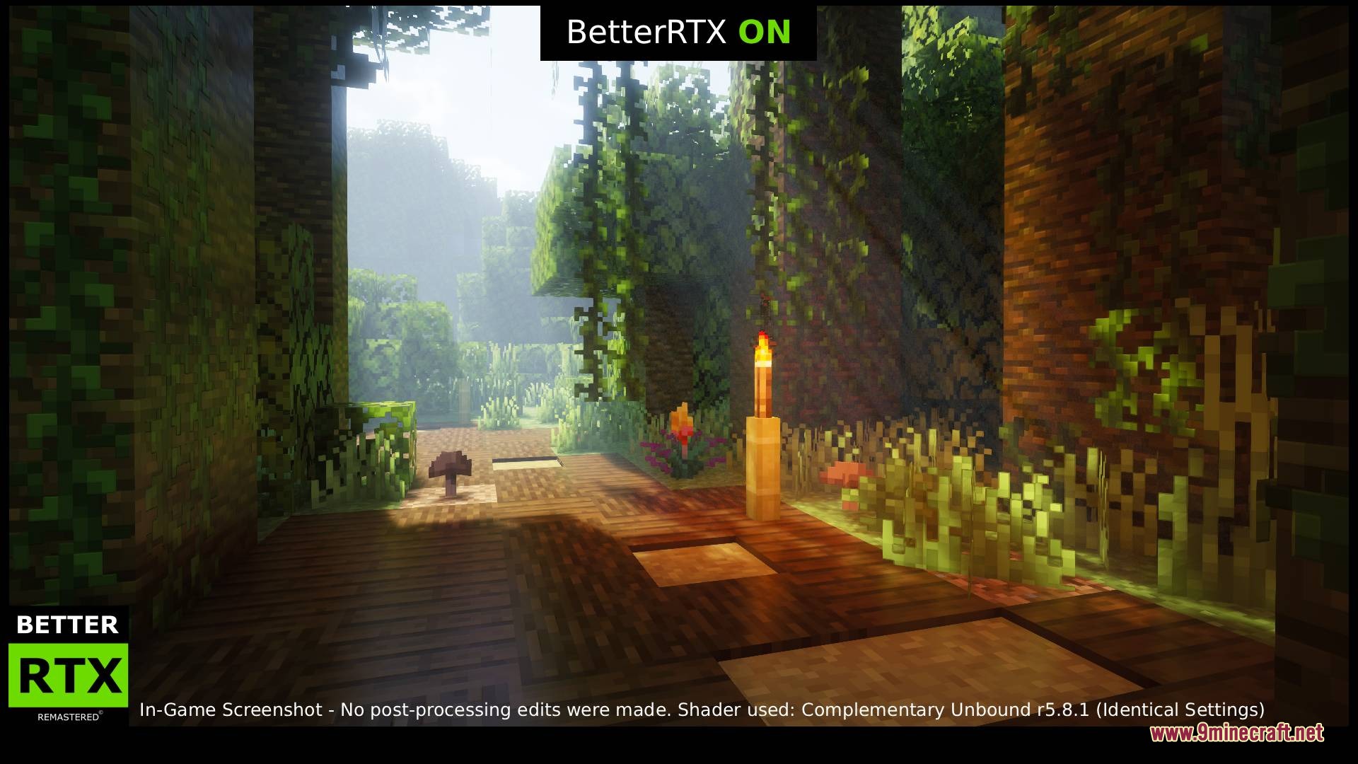 BetterRTX Remastered Resource Pack Screenshot 1 Realistic sunlight filters through jungle leaves onto a wooden path and glowing torch