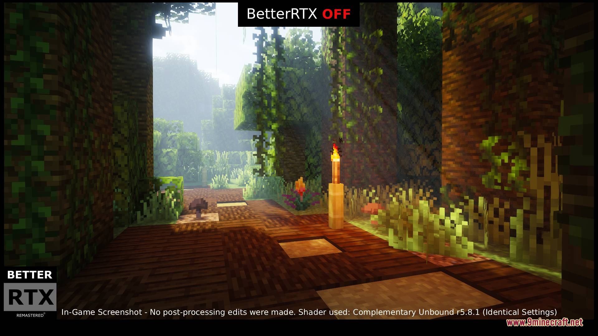 BetterRTX Remastered Resource Pack Screenshot 2 Standard lighting on a wooden walkway surrounded by green plants and hanging vines
