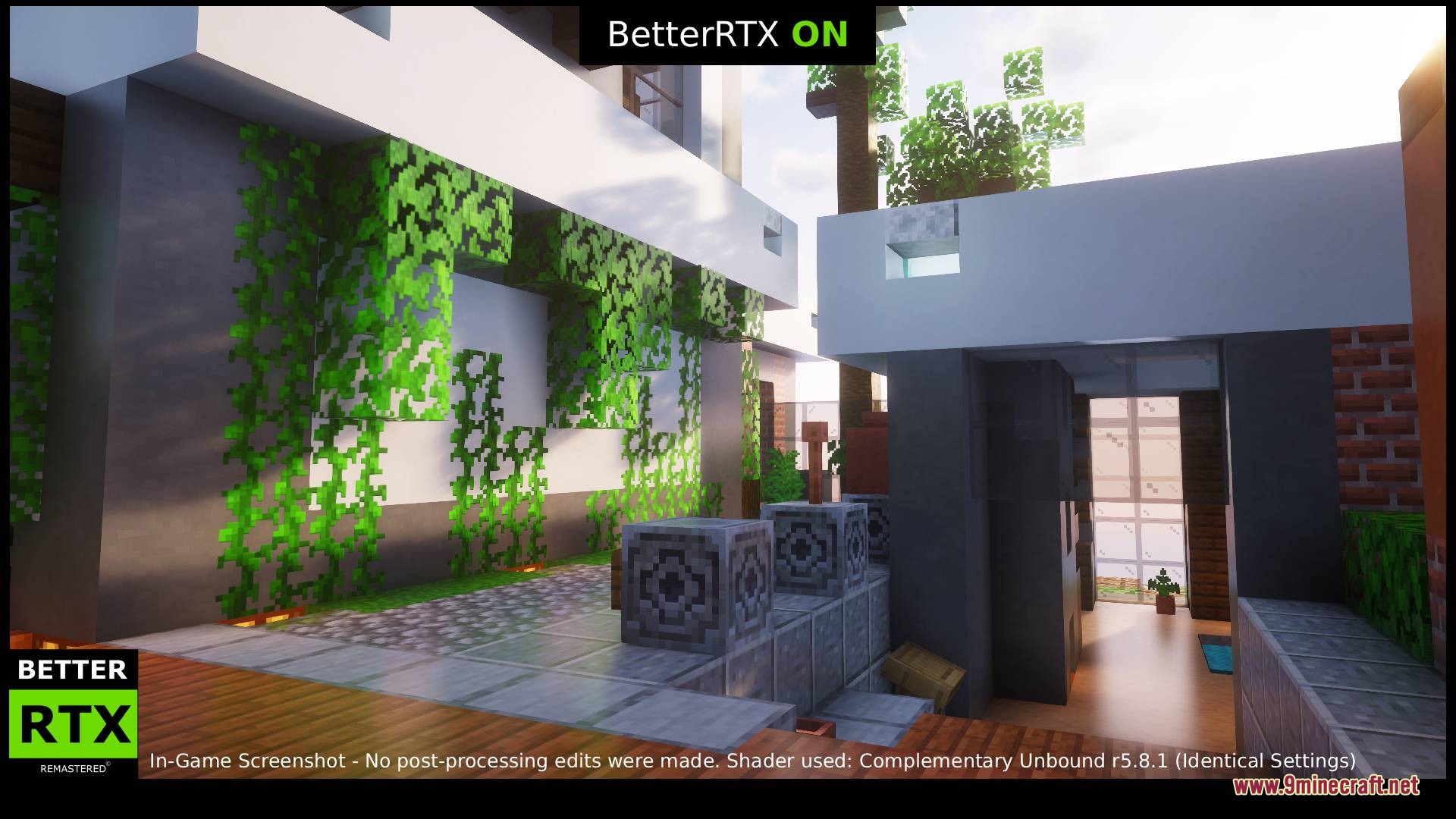 BetterRTX Remastered Resource Pack Screenshot 3 Modern Minecraft house with vines and realistic ray tracing lighting effects