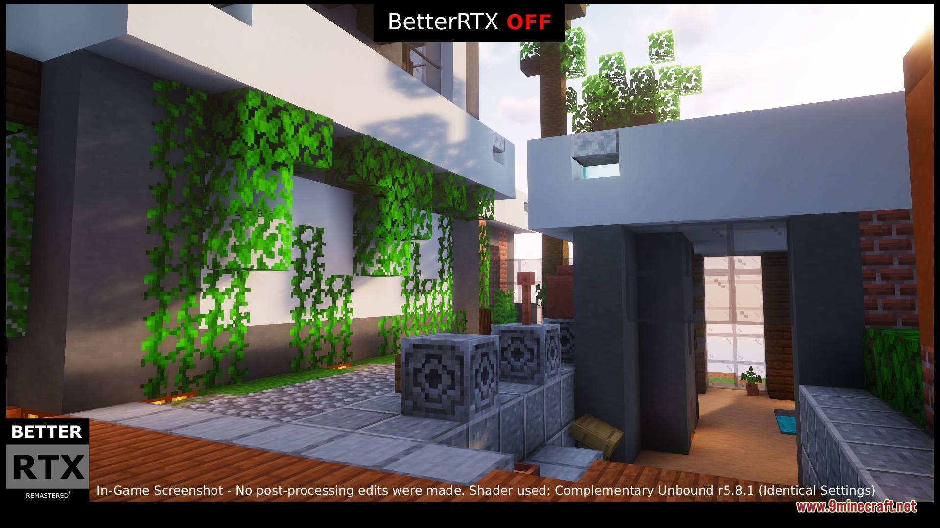 BetterRTX Remastered Resource Pack Screenshot 4 The same modern building shown with standard shader lighting for comparison