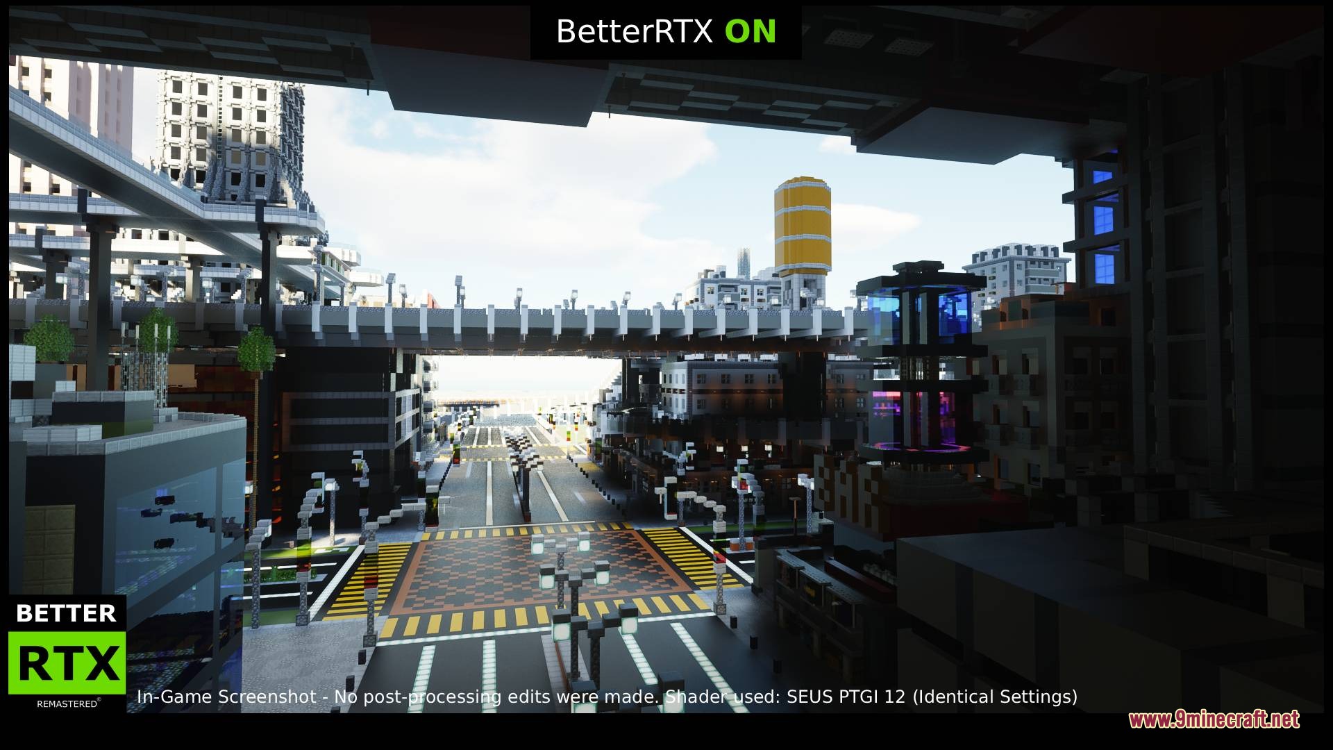 BetterRTX Remastered Resource Pack Screenshot 5 A modern city street in Minecraft with realistic lighting and reflections