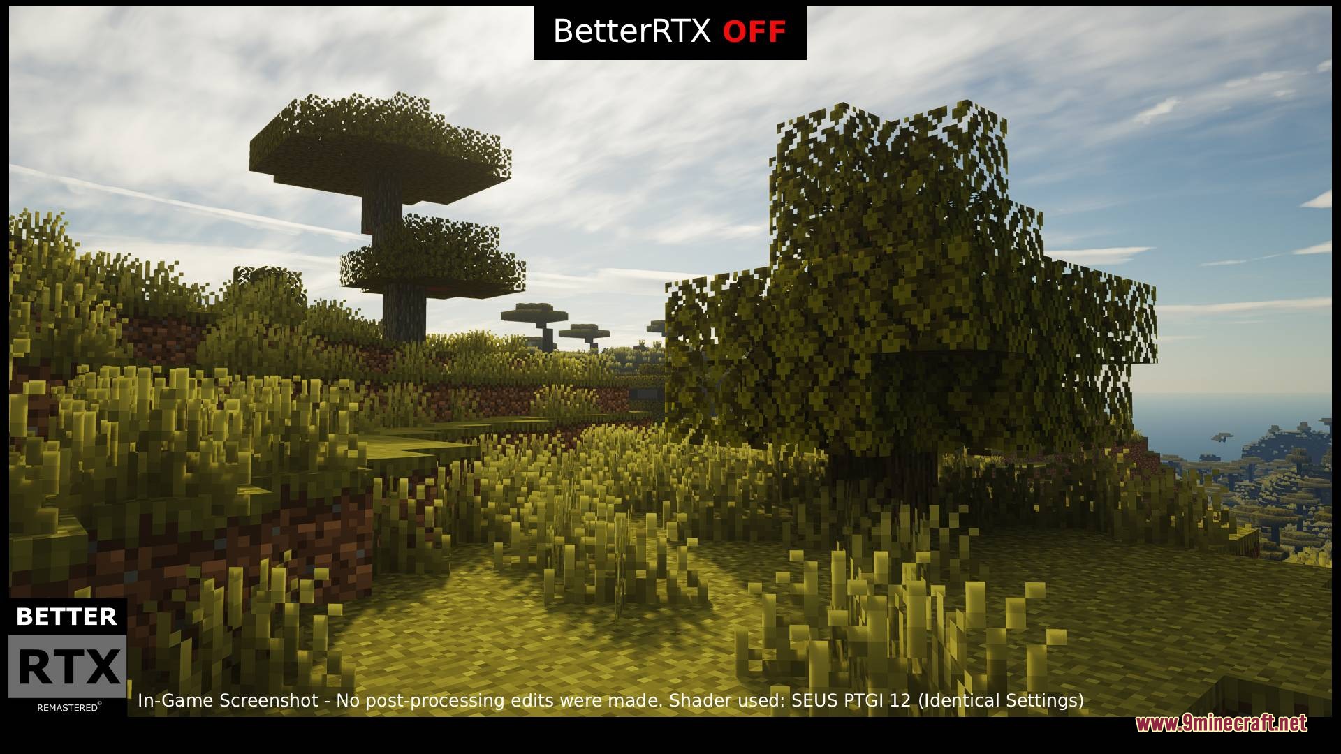 BetterRTX Remastered Resource Pack Screenshot 8 A Minecraft scene with standard lighting and soft shadows on the grass